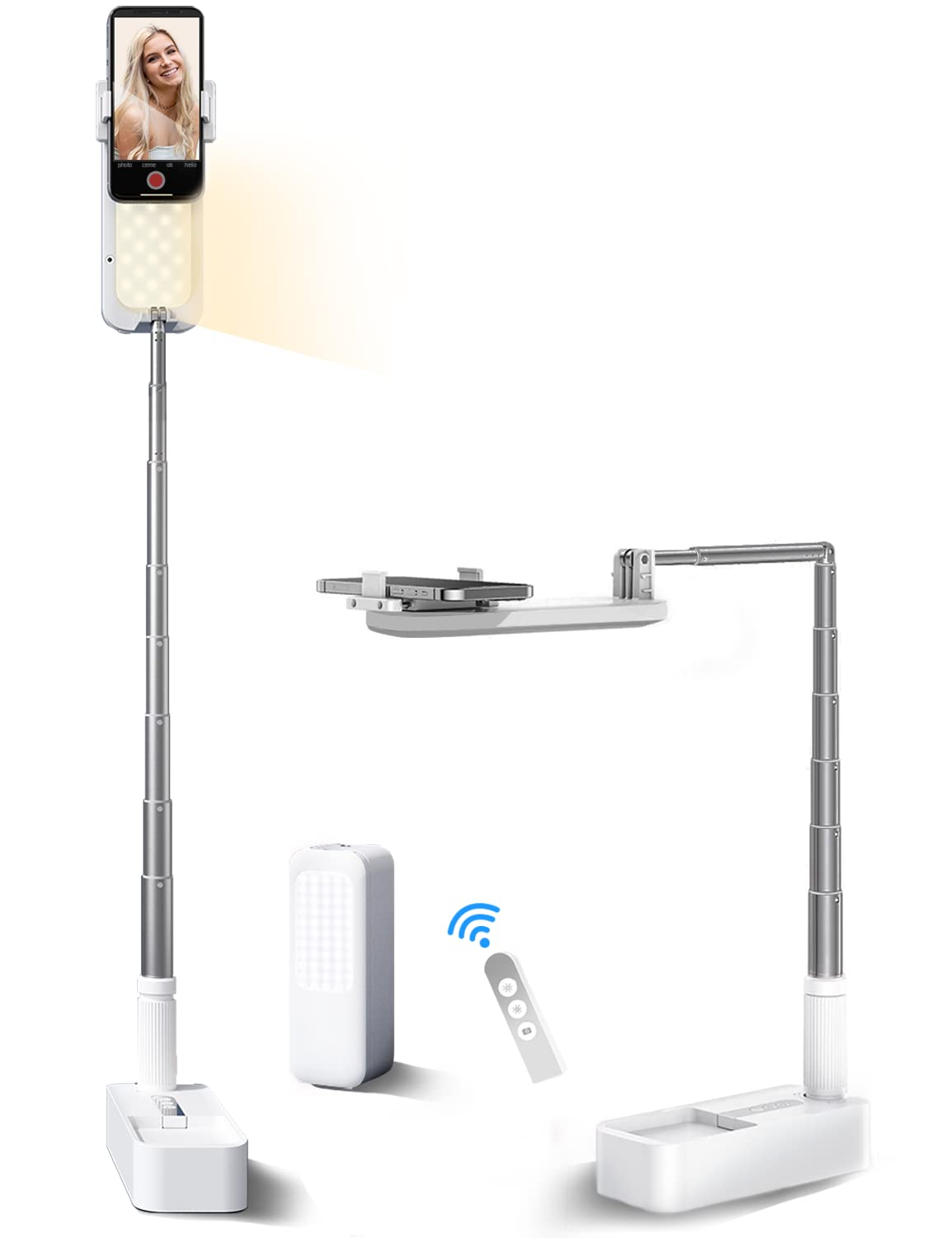 Woumlaiy 自拍支架，360° 旋轉手機支架，可折疊/充電/無線/俯拍，內建 1000mAh 電池，適用於直播/化妝/YouTube/TikTok/Vlog，7 檔亮度 LED 燈（白色）