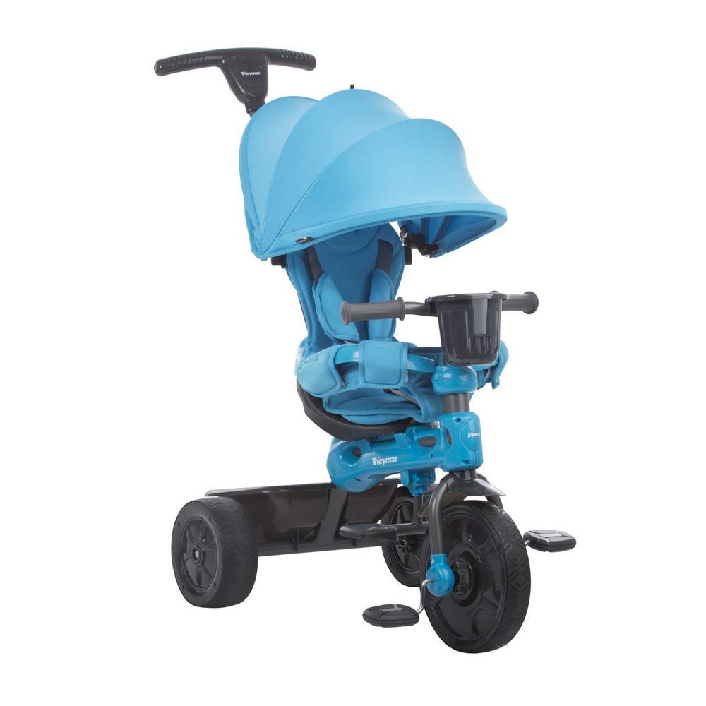 Joovy 4.1 兒童三輪車，4 段式設計，配備超寬前輪、可拆卸可調式家長把手、安全帶、可機洗座椅墊和可伸縮遮陽篷（藍色）
