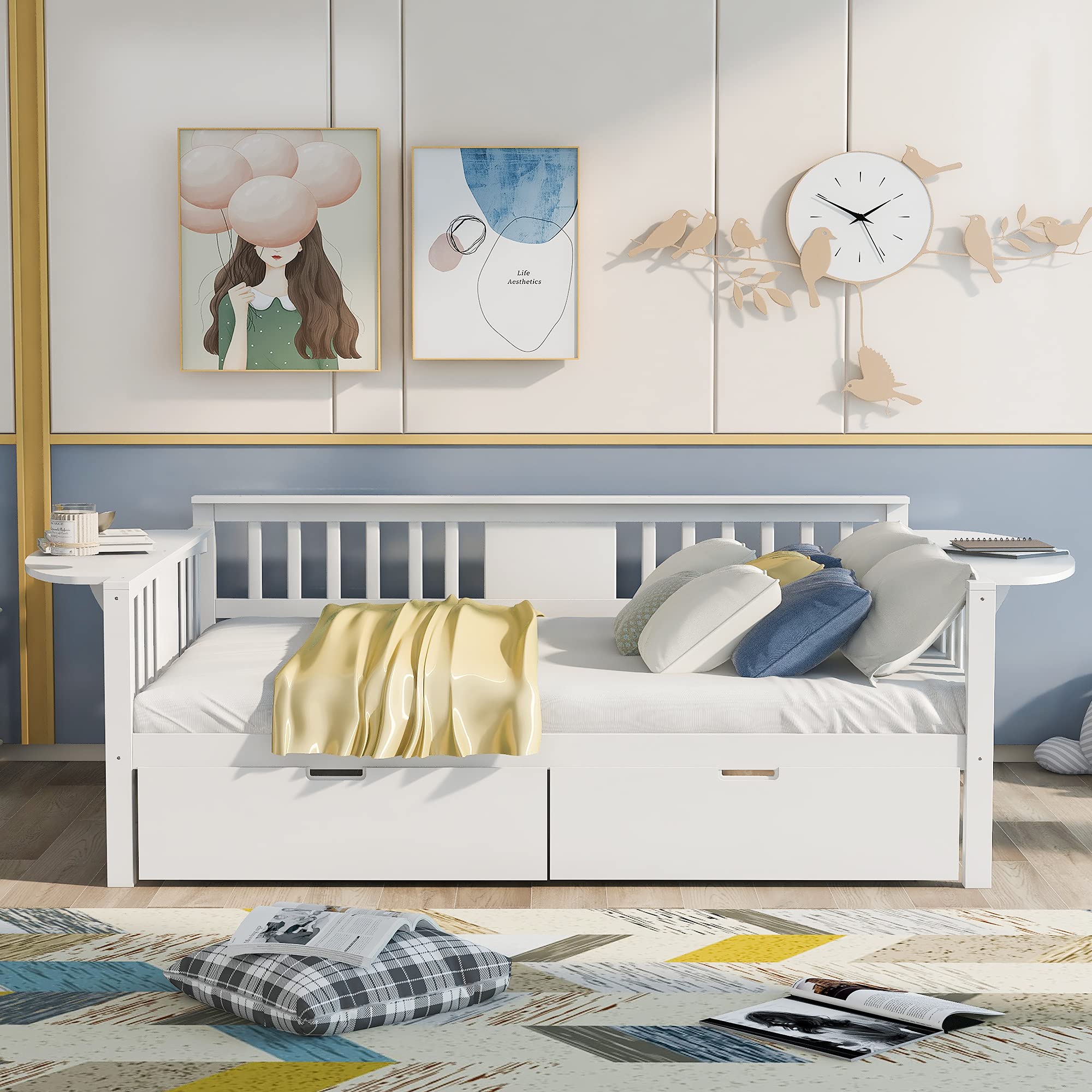 Harper & Bright Designs 附兩個抽屜的沙發床，木質全尺寸沙發床架，附小桌子，臥室、客廳收納沙發床（白色，全尺寸附抽屜）