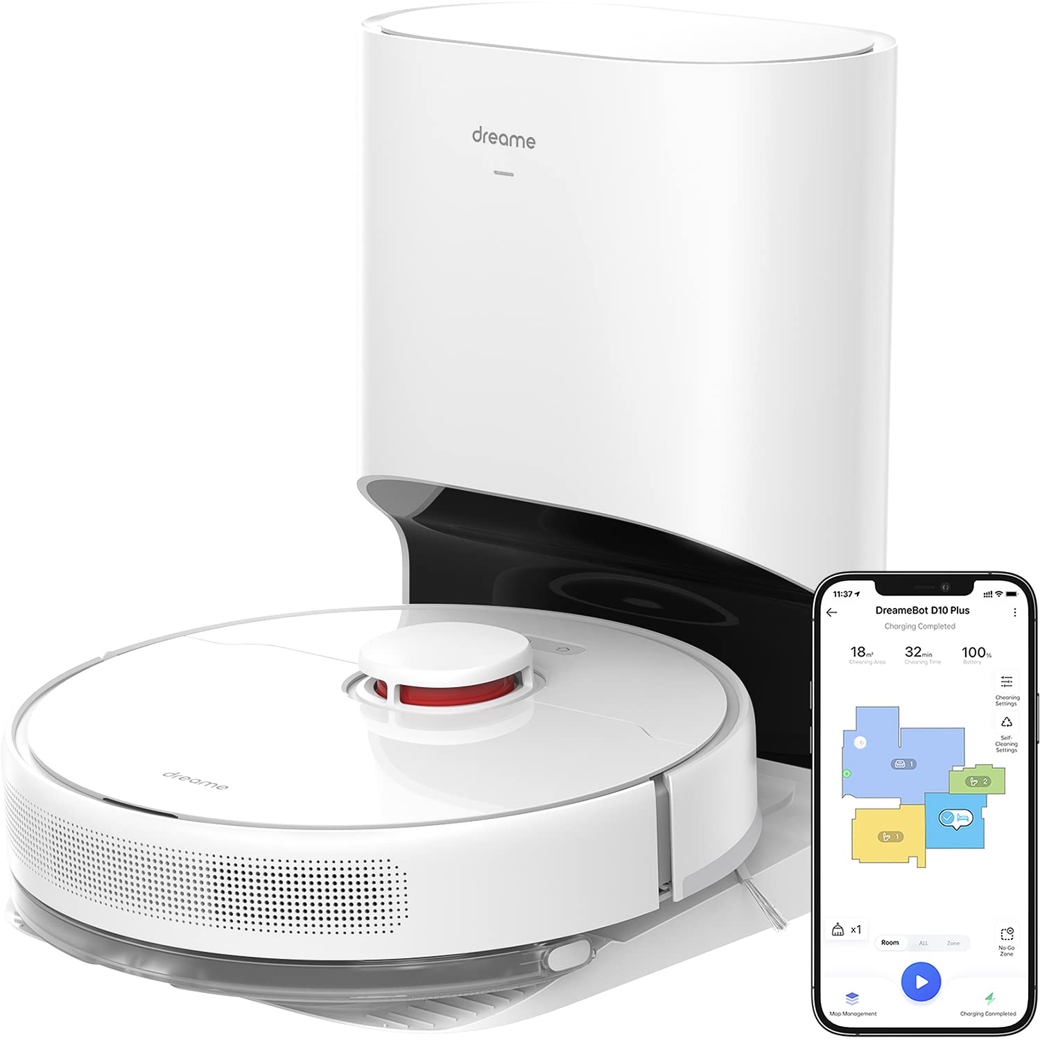 Dreametech D10 Plus 掃拖一體機器人，配備自動清空底座，續航力長達 45 天；吸力高達 4000 Pa，搭載 LiDAR 導航系統；相容於 Alexa；支援 Wi-Fi 連線。