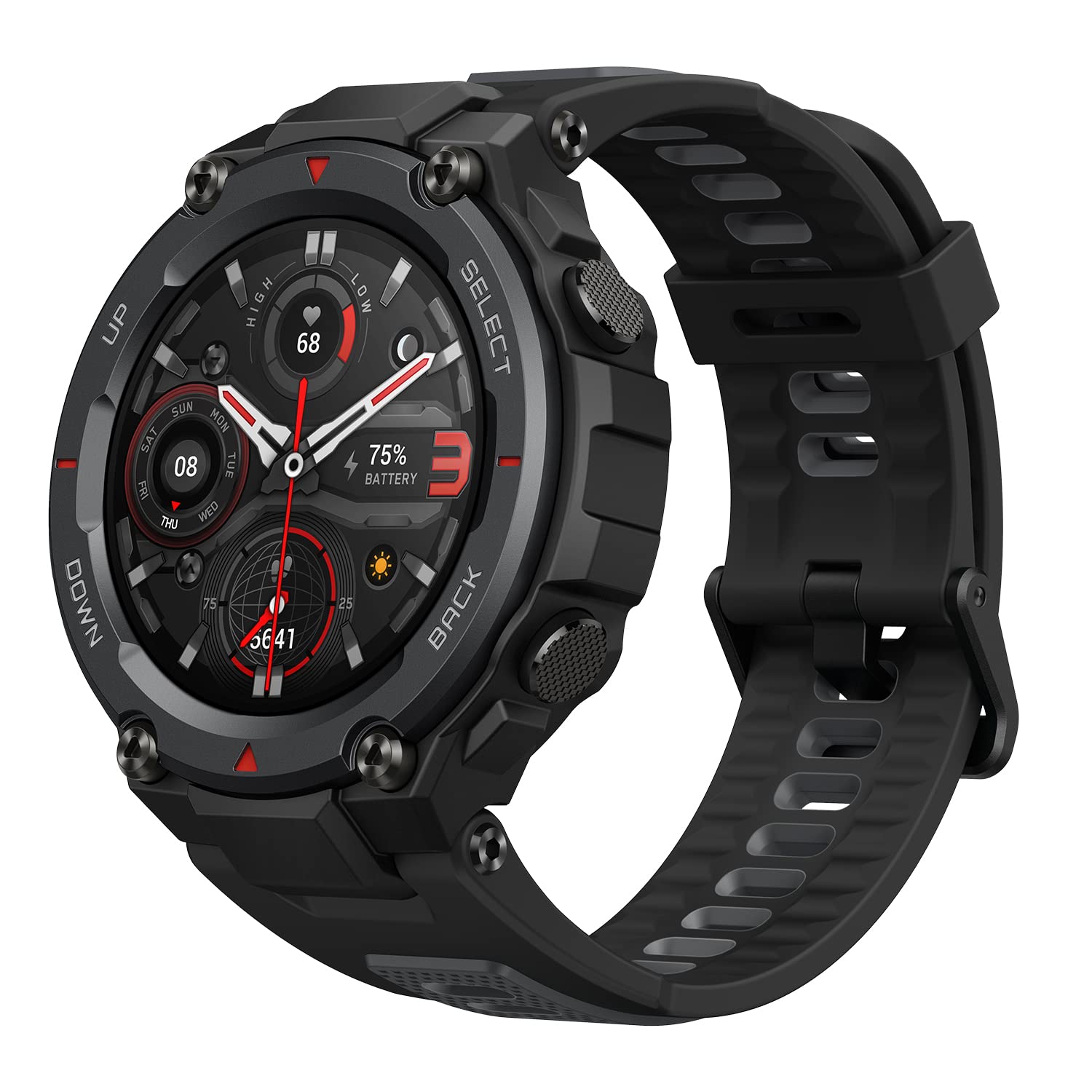 Amazfit T-Rex Pro 男士智慧手錶，堅固耐用，戶外 GPS 智慧運動手錶，通過 15 項軍規認證，支援 100 多種運動模式，10 ATM 防水，18 天超長續航，配備血氧監測功能，黑色