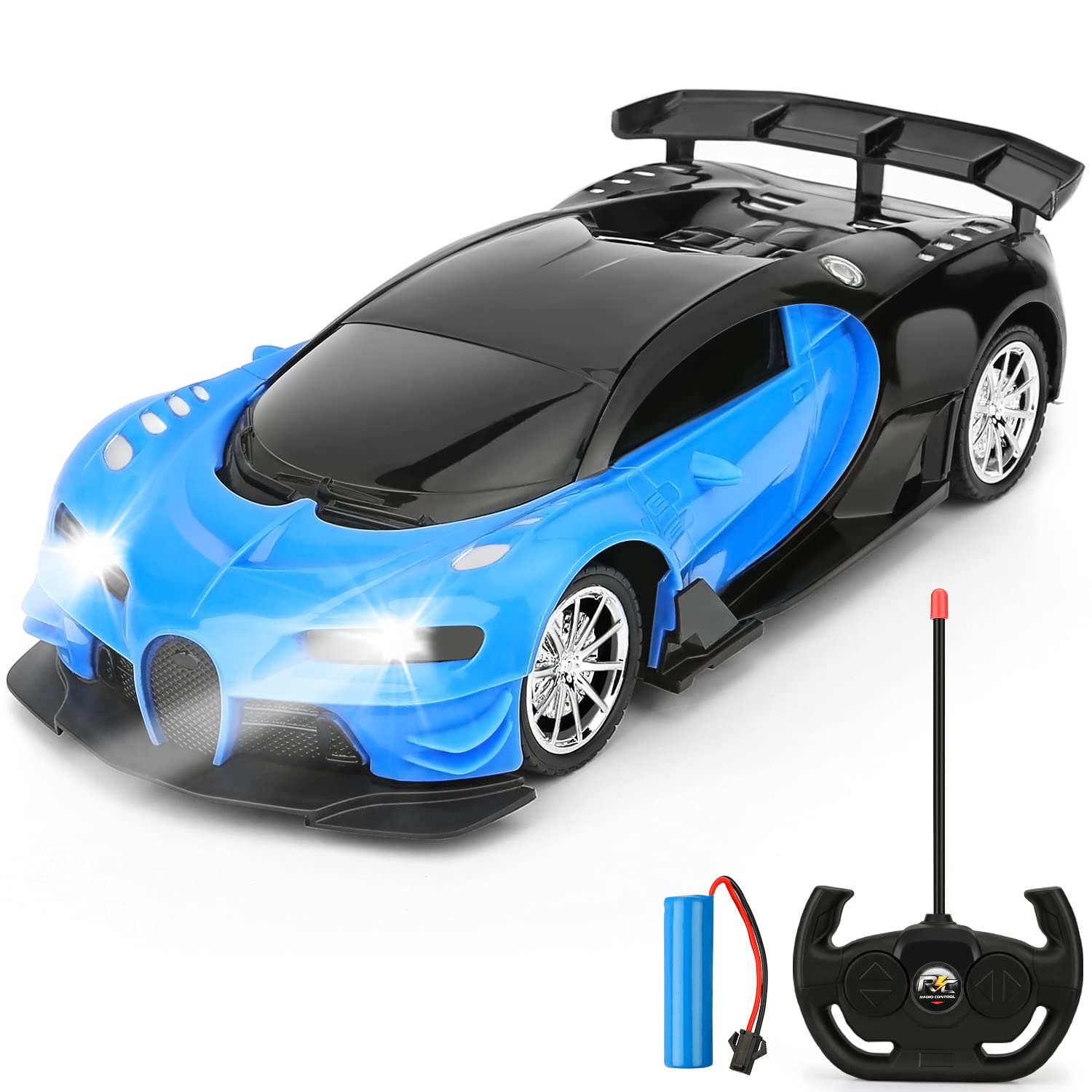 GaHoo 兒童遙控車 - 1/16 比例電動遙控玩具賽車，帶 LED 燈，可充電高速愛好玩具車，適合 3-9 歲男孩女孩的遙控車禮物（藍色）