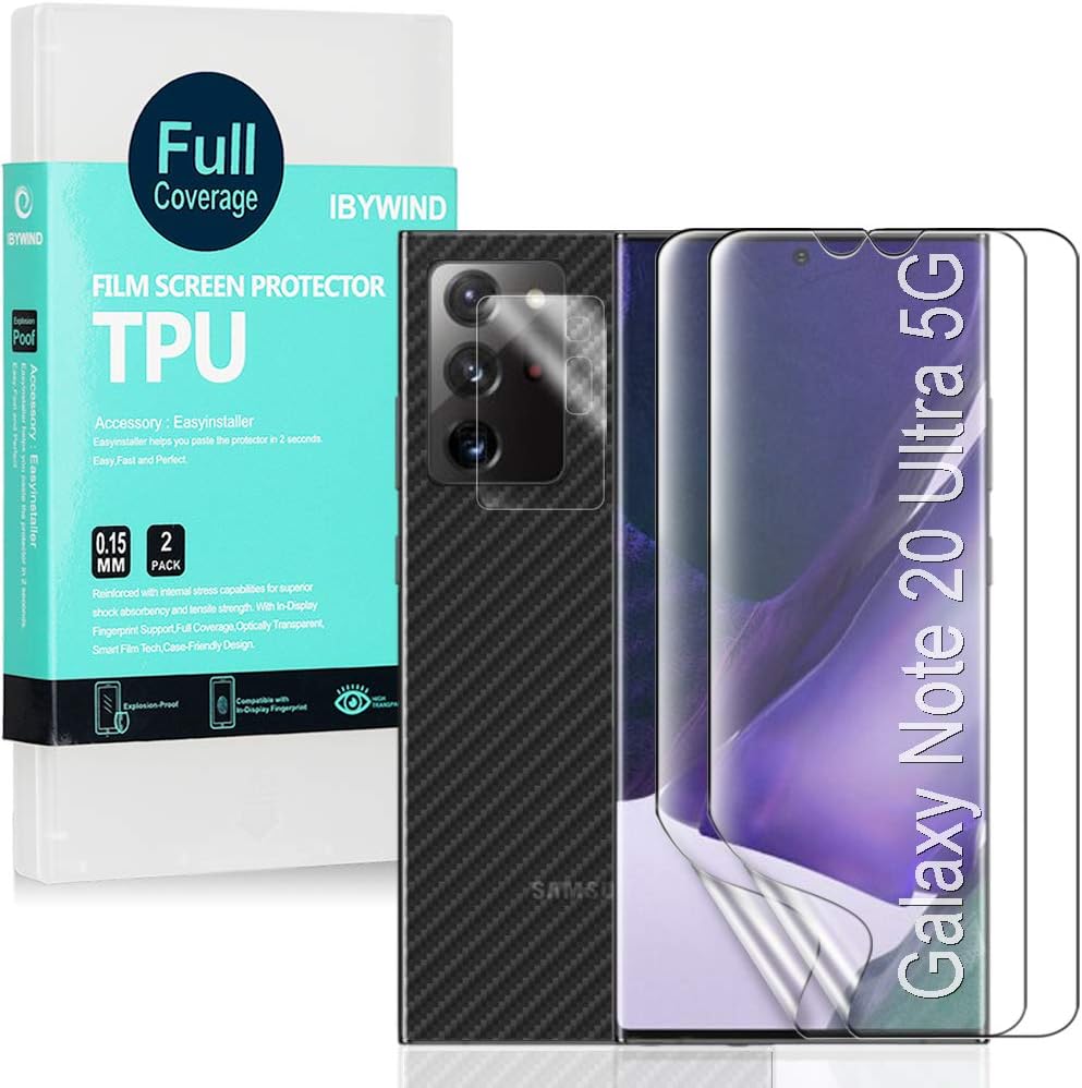 Ibywind 三星 Galaxy Note 20 Ultra 螢幕保護貼，內含 2 片柔性 TPU 膜、1 片相機鏡頭保護膜、1 片碳纖維背膜 [指紋辨識器，易於安裝]