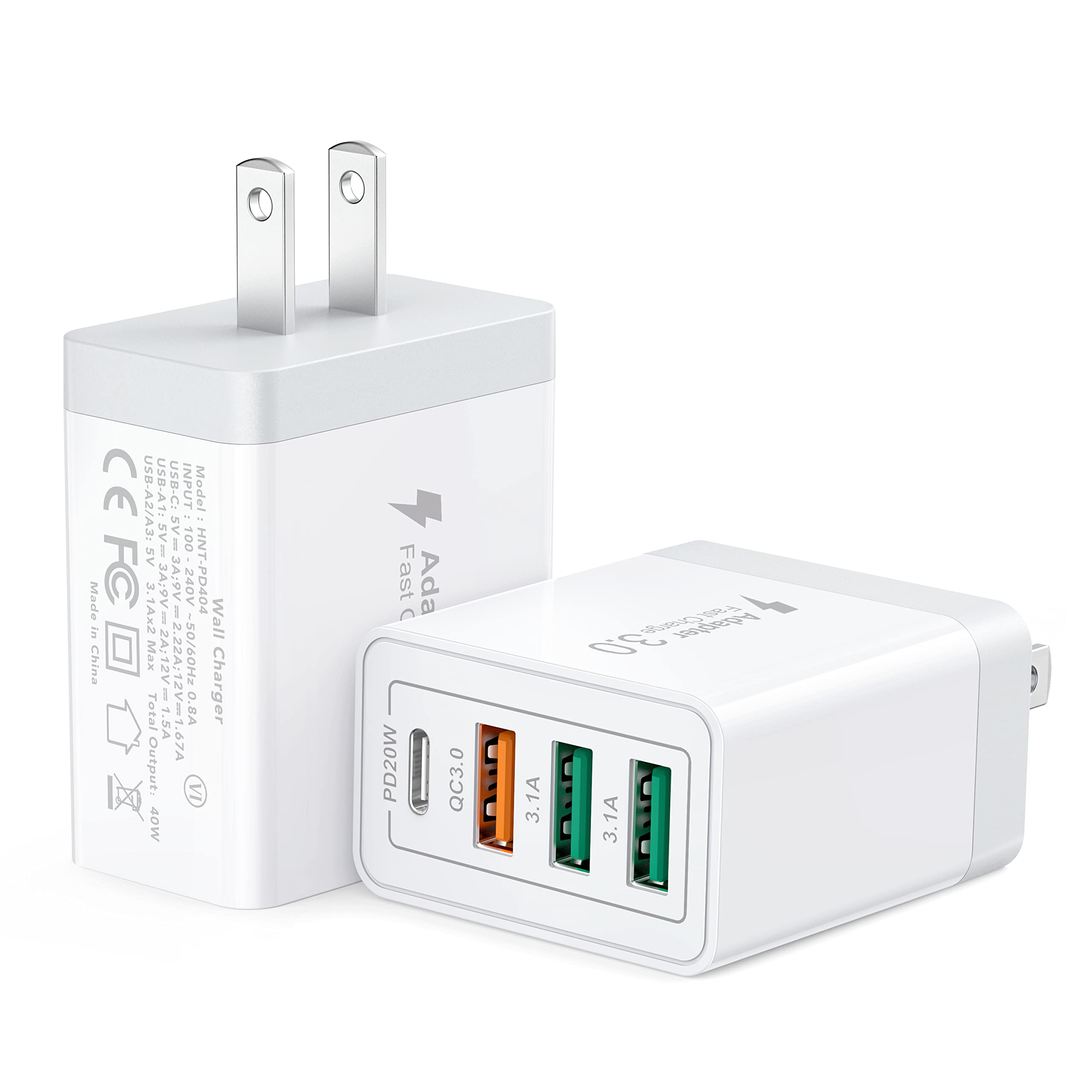 【2 件裝】USB-C 牆式充電器，40W 耐用型 4 埠 QC+PD 3.0 電源轉接器，雙快充填插頭，適用於 iPhone 14/14 Pro/14 Pro Max/14 Plus/13/12/11、XS/XR/X、Apple Watch Series 8/77 7 Cube（白色）