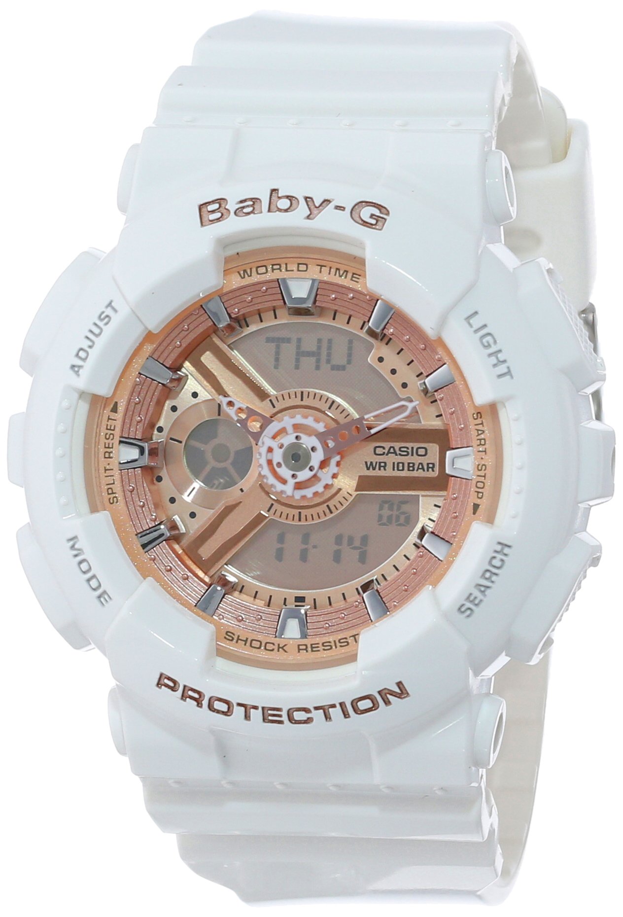 Baby-G BA-110-7A1CR 女士玫瑰金指針/數位雙顯腕錶，搭配白色樹脂錶帶