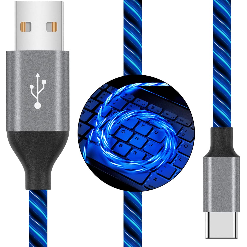 USB C 線，Type C 充電線，快充，6 英尺帶 LED 燈 Type C 線，USB Type C 充電線，相容於三星 Galaxy S10 S9 S8 Note 20、LG V30 V20 G6（6 英尺，藍色）