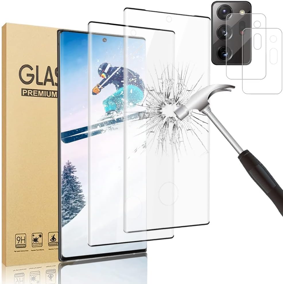 【2+2片裝】三星Galaxy Note 20 Ultra（6.9吋）螢幕保護貼，9H強化玻璃，支援指紋解鎖，3D曲面，高清透明防刮，適用於三星Galaxy Note 20 Ultra 5G。