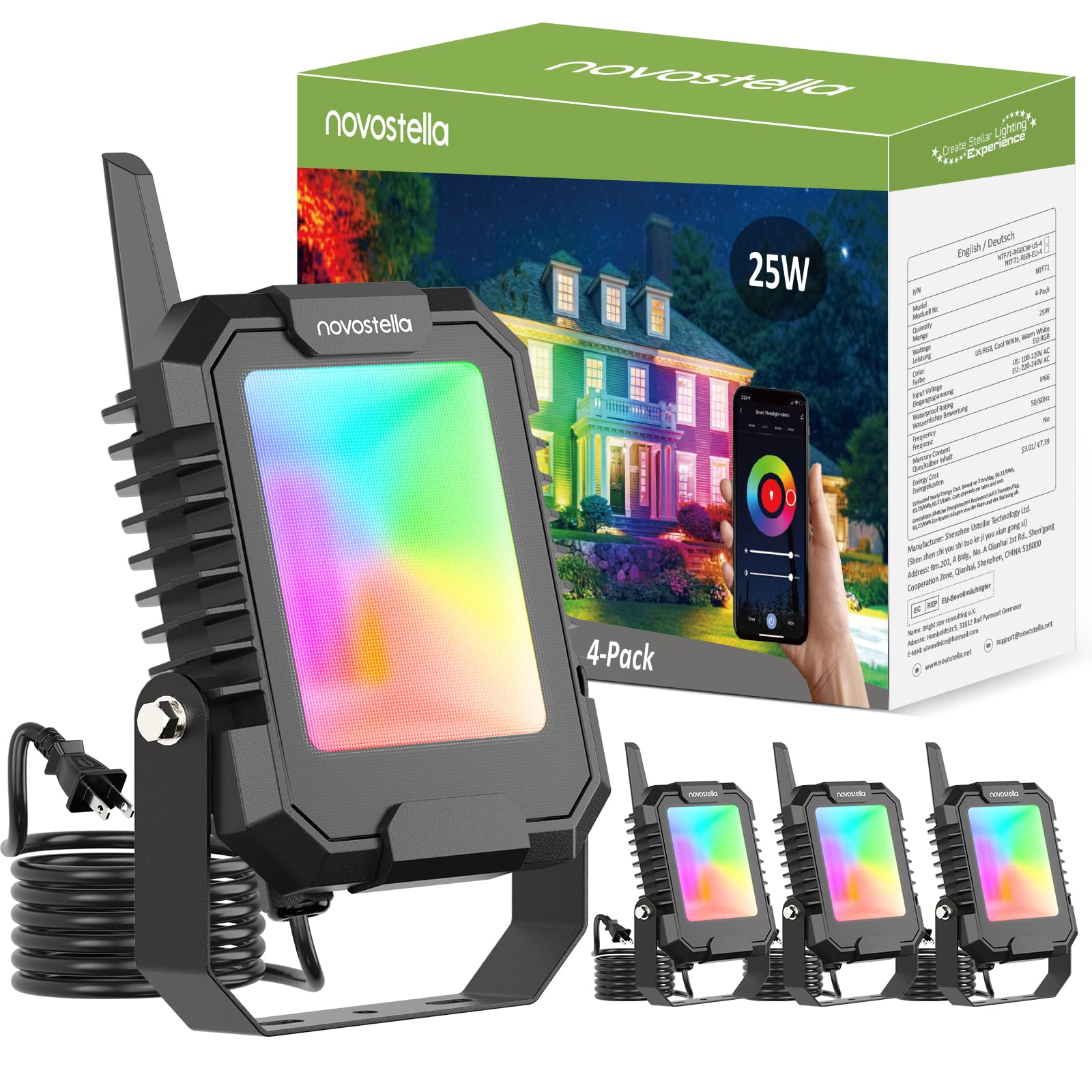 NOVOSTELLA 智慧型 RGB 泛光燈 25W 可調白光 2700K-6500K，戶外向上照射泛光燈 變色聚光燈 APP 群組控制 IP66 防水頻閃燈 適用於家庭活動景觀 4 件裝