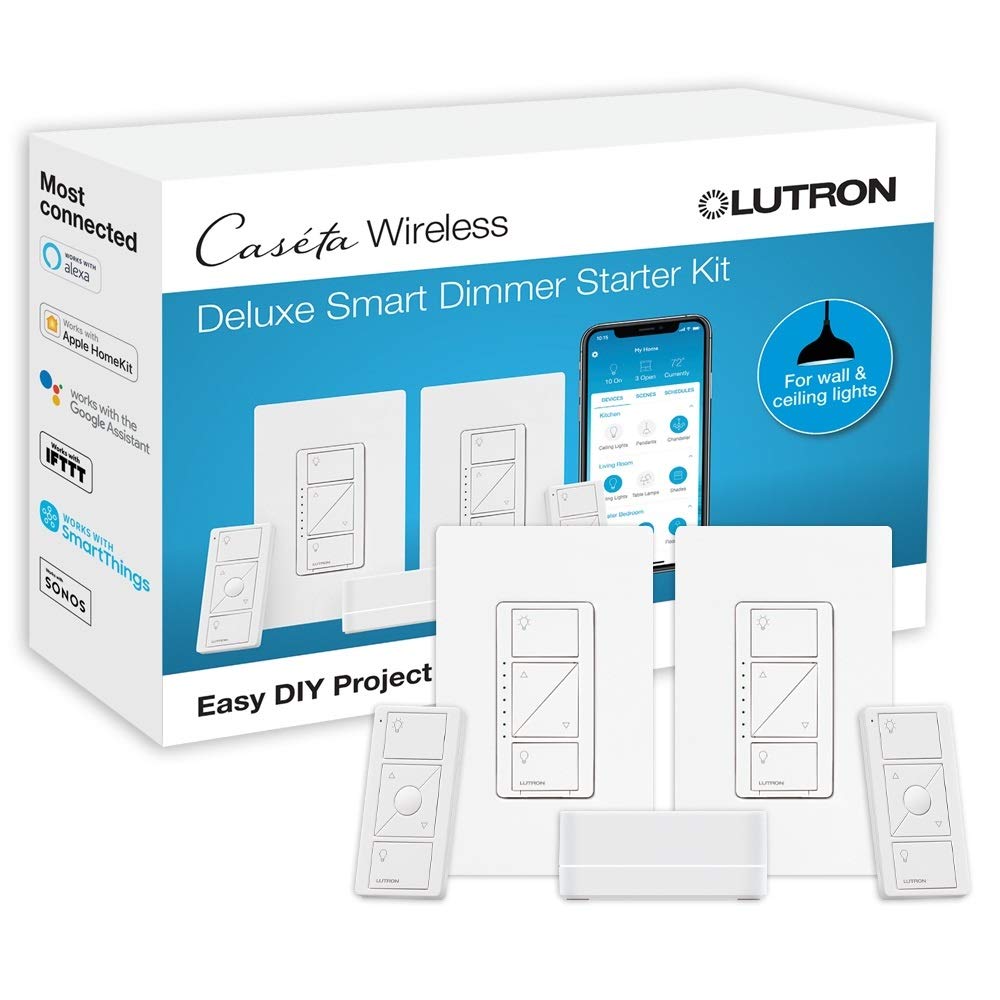 Lutron Caséta 豪華智慧調光開關（2 個裝）套裝，含 Caséta 智慧中樞 | 相容於 Alexa、Apple HomeKit、Ring、Google Assistant | P-BDG-PKG2W-A | 白色