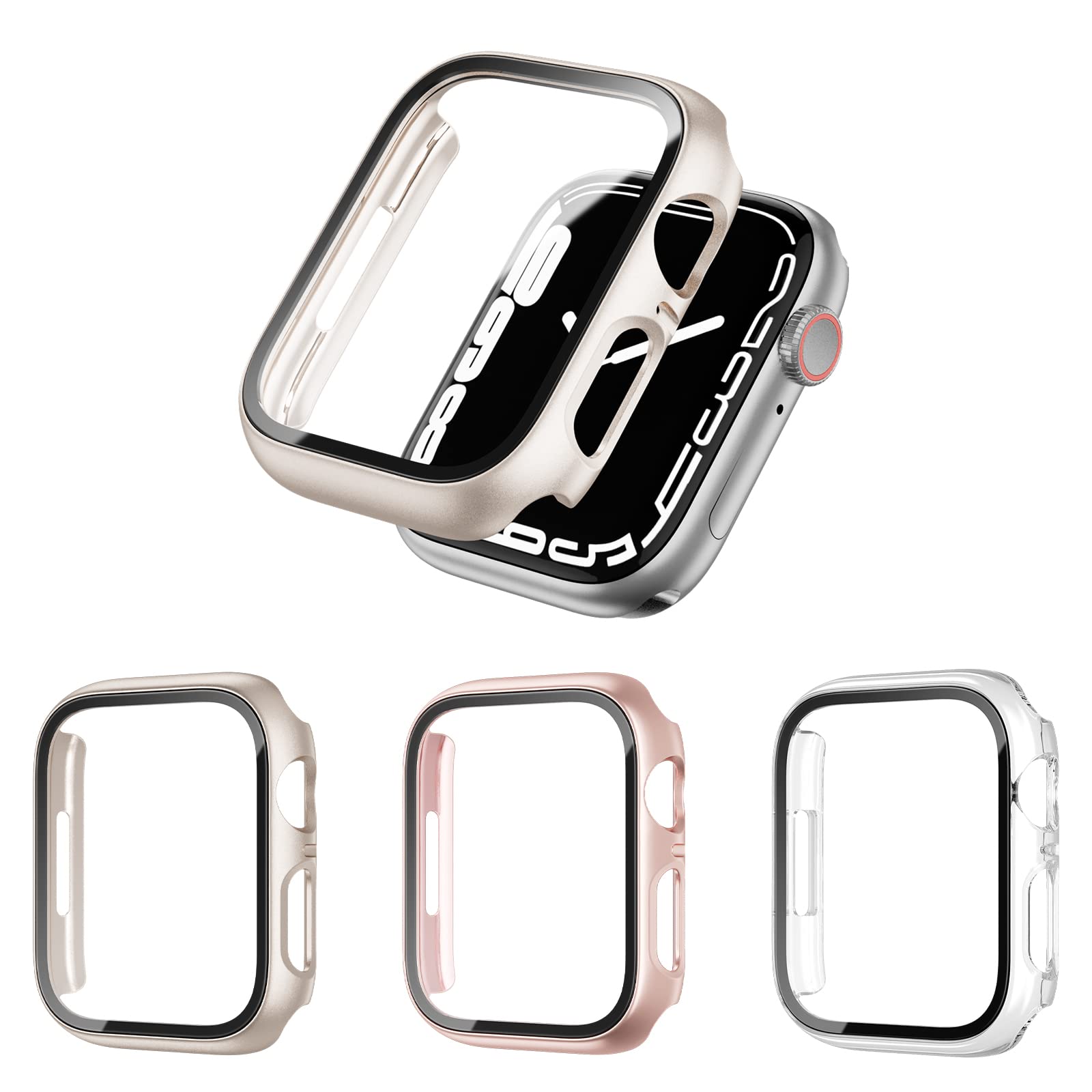 3 件裝硬質 PC 保護殼，相容於 Apple Watch SE 2022/Series 6/5/4/SE 40mm，BHARVEST 保護殼，附鋼化玻璃螢幕保護貼，無氣泡保護套，適用於 iWatch 配件，星光+玫瑰金+透明