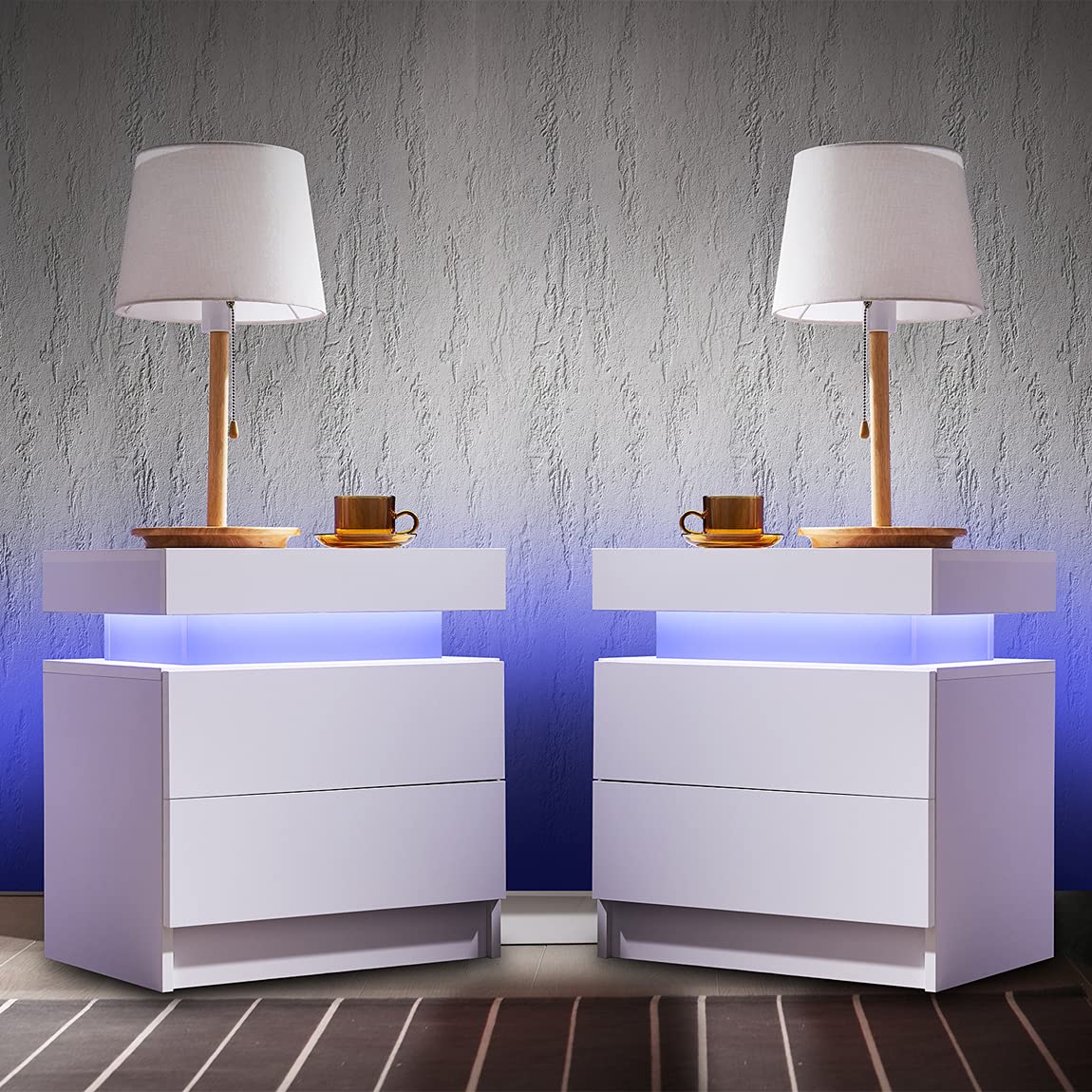 i-aplus 床頭櫃套裝（2 件裝），帶 LED 燈和 2 個抽屜，臥室家具床邊桌，帶 LED 燈的床邊桌，白色…