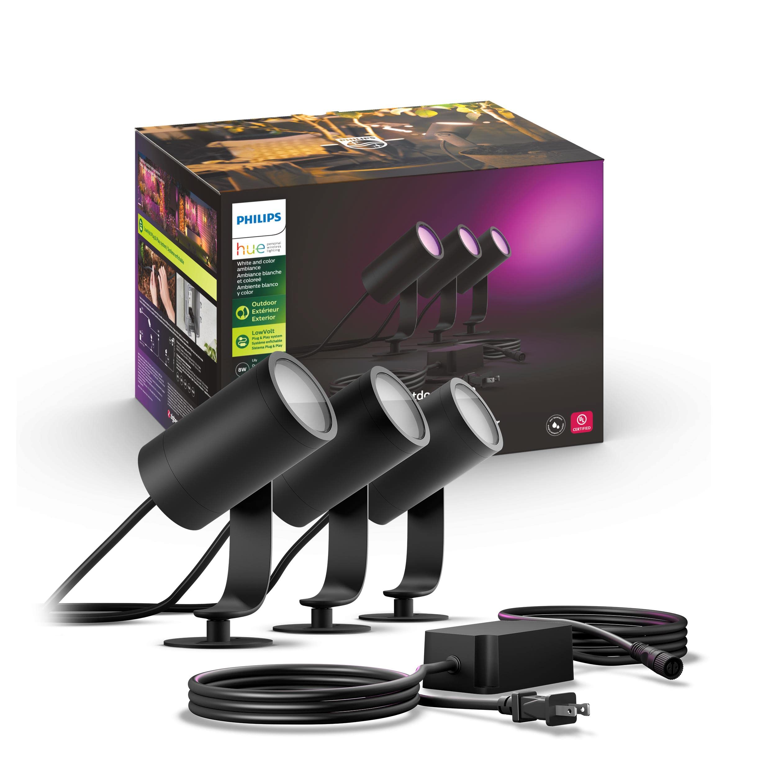 Philips Hue Lily 白色和彩色戶外射燈底座套裝（需搭配 Hue 網關），3 個射燈，含電源轉接器和安裝支架，相容於 Alexa、HomeKit 和 Google Assistant，黑色（全新）