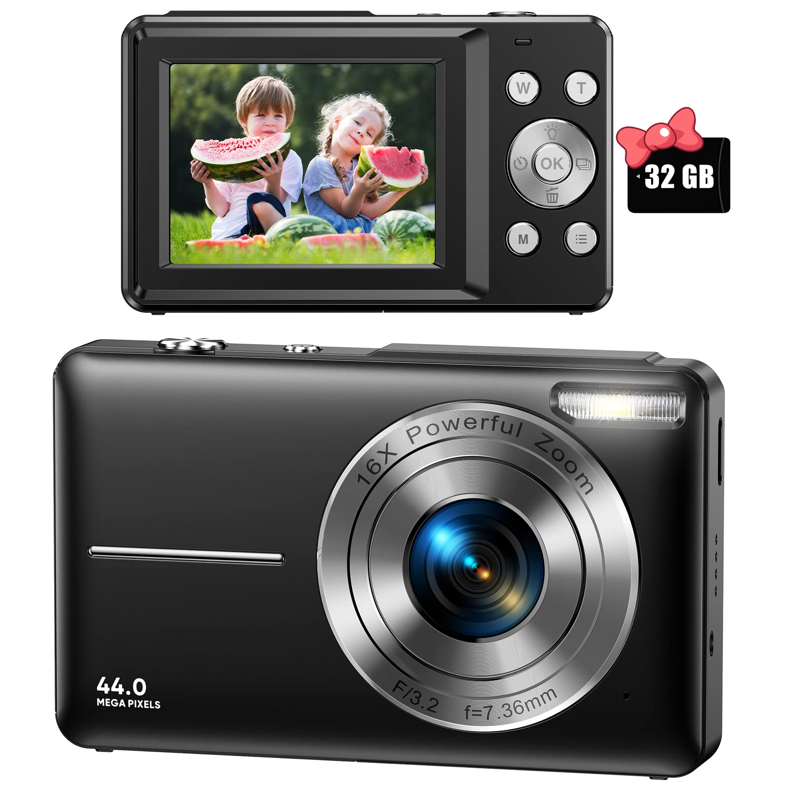 兒童數位相機，FHD 1080P數位相機，附32GB SD卡，16倍數位變焦，輕便傻瓜相機，便攜式小型相機，適合青少年、學生、男孩、女孩、老年人（黑色）
