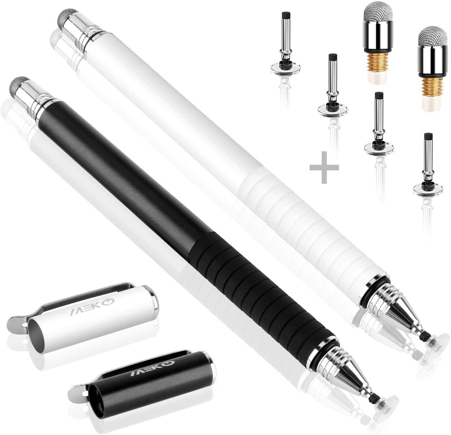 MEKO 通用觸控筆，[二合一精密系列] 圓盤式觸控筆，適用於所有電容式觸控螢幕手機、平板電腦、筆記型電腦，套裝包含 6 個替換筆尖 - （2 個，黑色/白色）