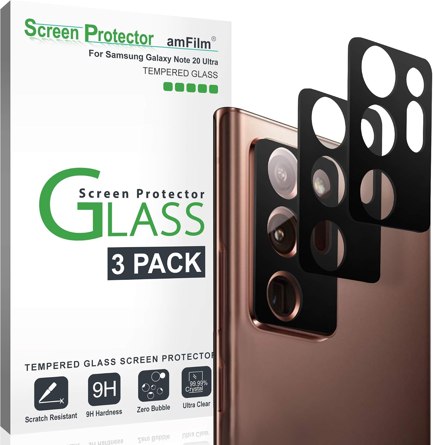 amFilm（三星 Galaxy Note 20 Ultra 後置相機強化玻璃螢幕保護貼 3 片裝，黑色）