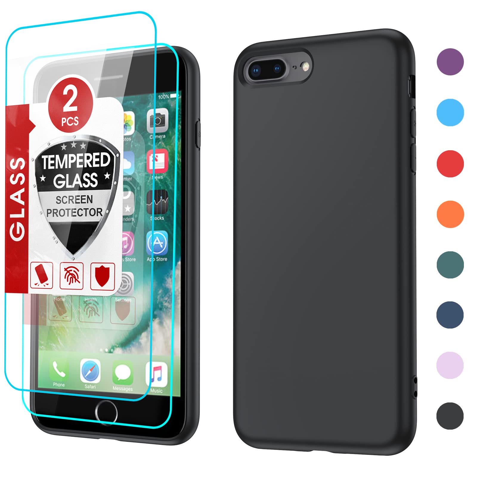 LeYi 適用於 iPhone 7 Plus 和 iPhone 8 Plus 的手機殼，附贈 [2 片裝] 強化玻璃螢幕保護貼膜，防震全包液態矽膠材質，防刮超細纖維內襯，黑色…