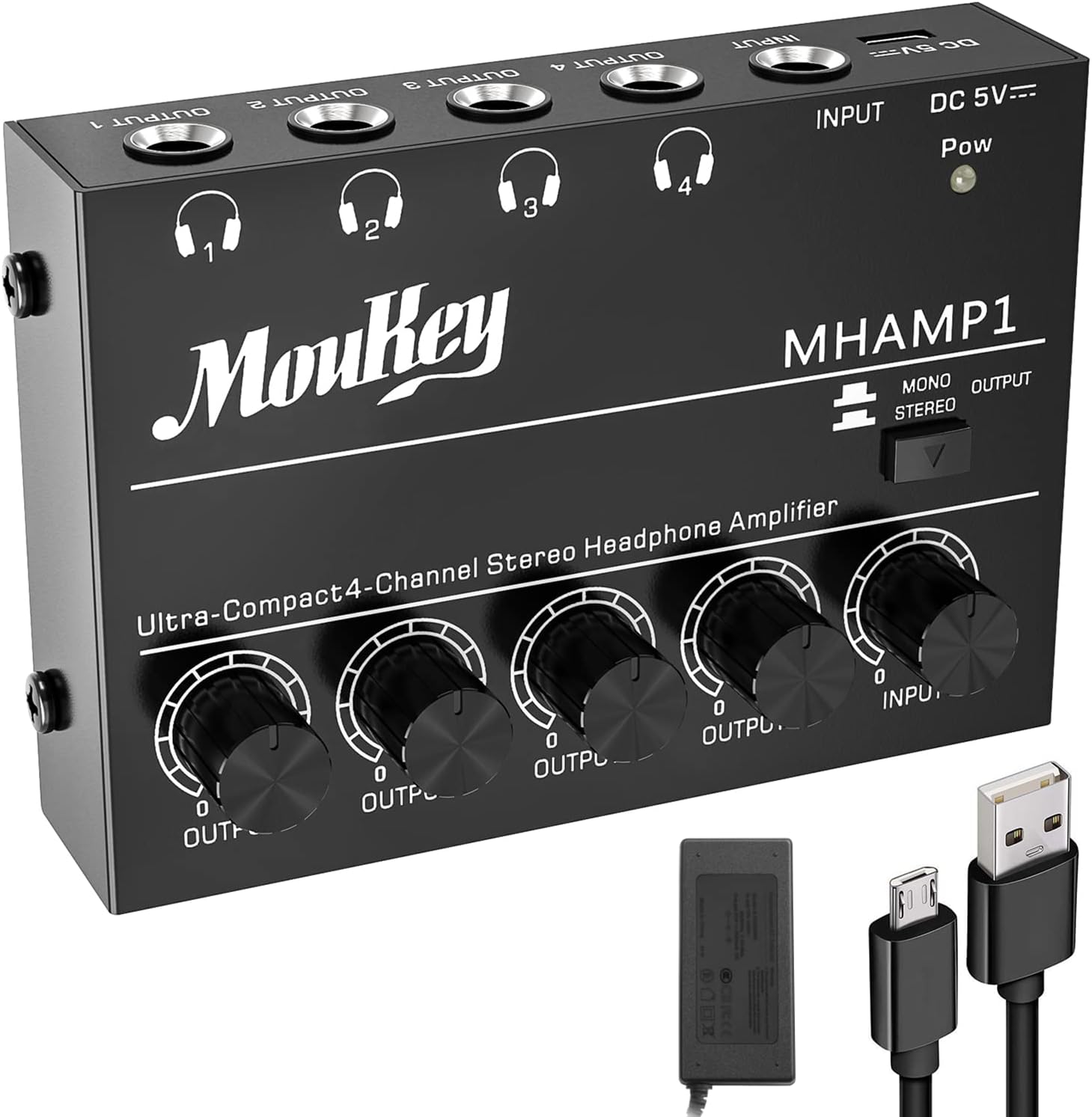 Moukey 耳機放大器 4 聲道金屬立體聲音頻放大器，迷你便攜式耳機放大器 - 4 個 1/4 英寸平衡 TRS 耳機輸出和 TRS 音頻輸入，DC5V 電源供電