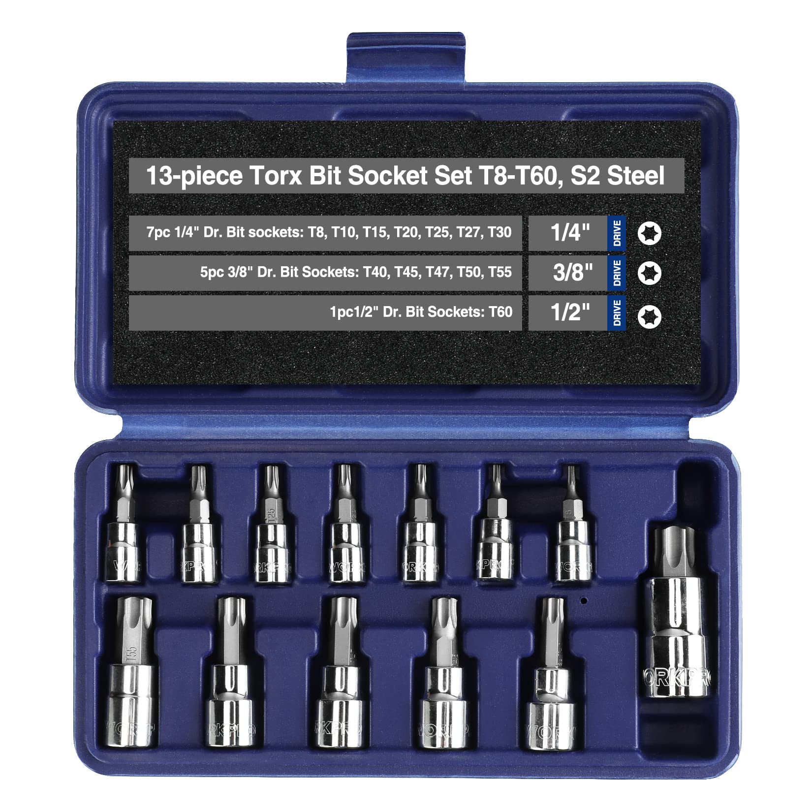 WORKPRO 13 件套 Torx 螺絲起子套筒組，1/4 英吋、3/8 英吋和 1/2 英吋驅動，T8-T60，S2 鋼，附收納盒（僅限手持使用）