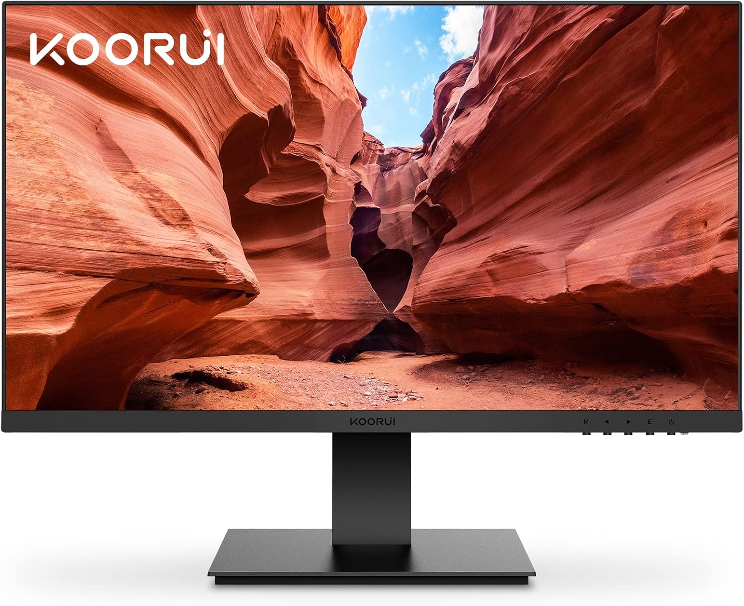 KOORUI 24吋電腦顯示器，全高清1920 x 1080p VA面板，75Hz刷新率，3000:1對比度，配備HDMI和VGA接口，無邊框設計，支援75 x 75毫米VESA壁掛，符合人體工學的傾斜角度調節，黑色