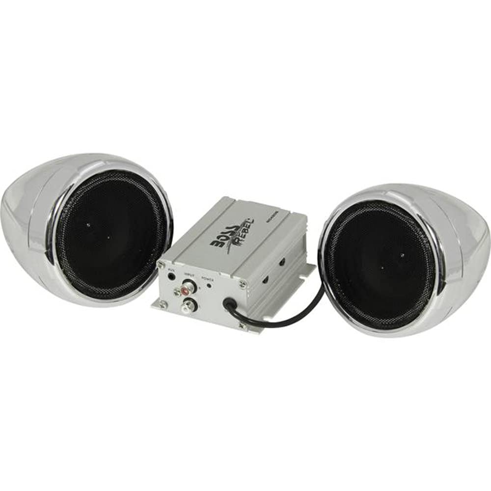 BOSS Audio Systems MC420B 3吋摩托車揚聲器和擴大機音響系統 – D類緊湊型擴大機，防水防塵，帶音量控制，兼容ATV和UTV，適用於立體聲，帶高音喇叭