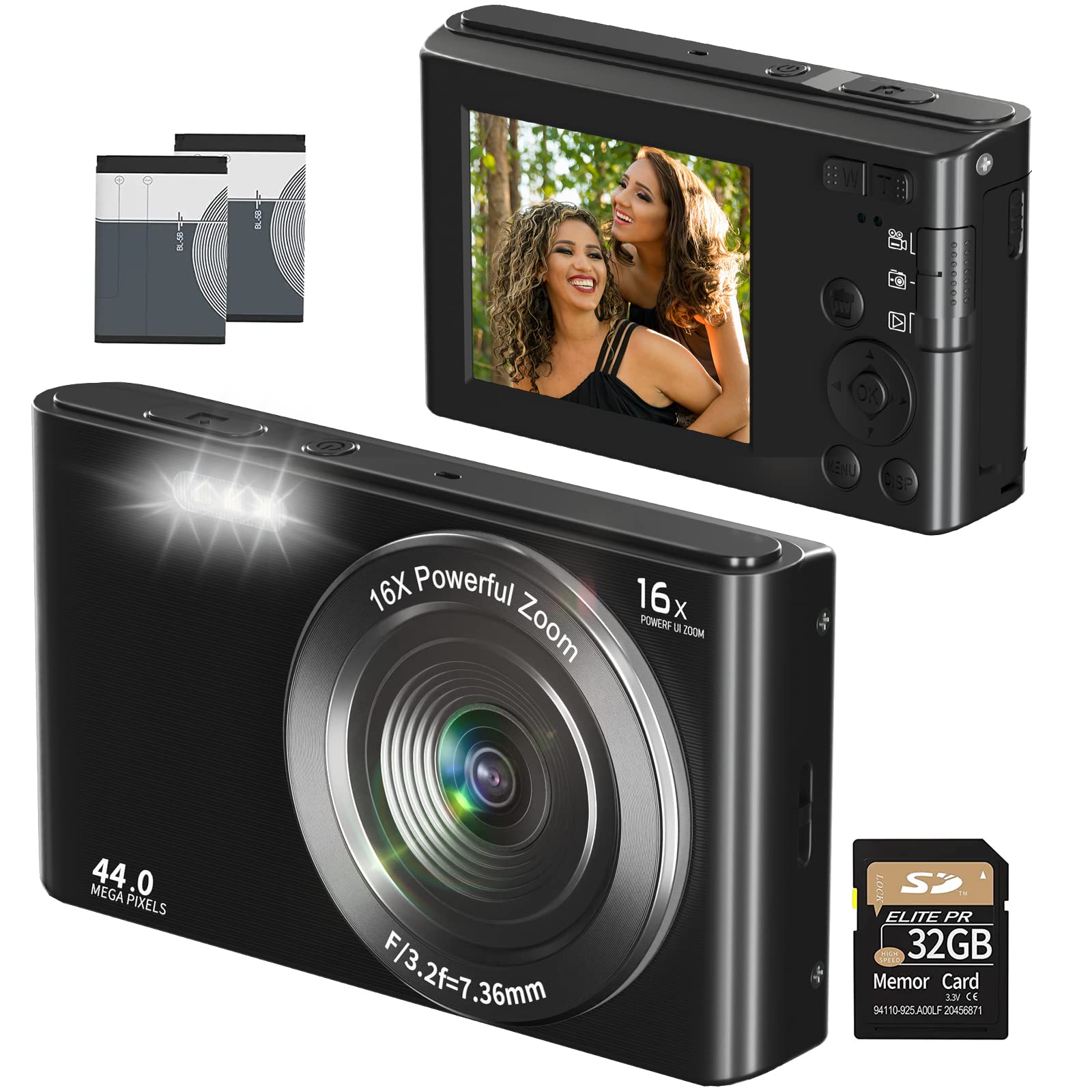 適用於兒童、青少年、男孩、女孩、成人的數位相機，4K 44MP，配備 32GB SD 卡，2.4 吋傻瓜相機，16 倍數位變焦，輕巧迷你相機，適合學生、老年人（黑色 1）