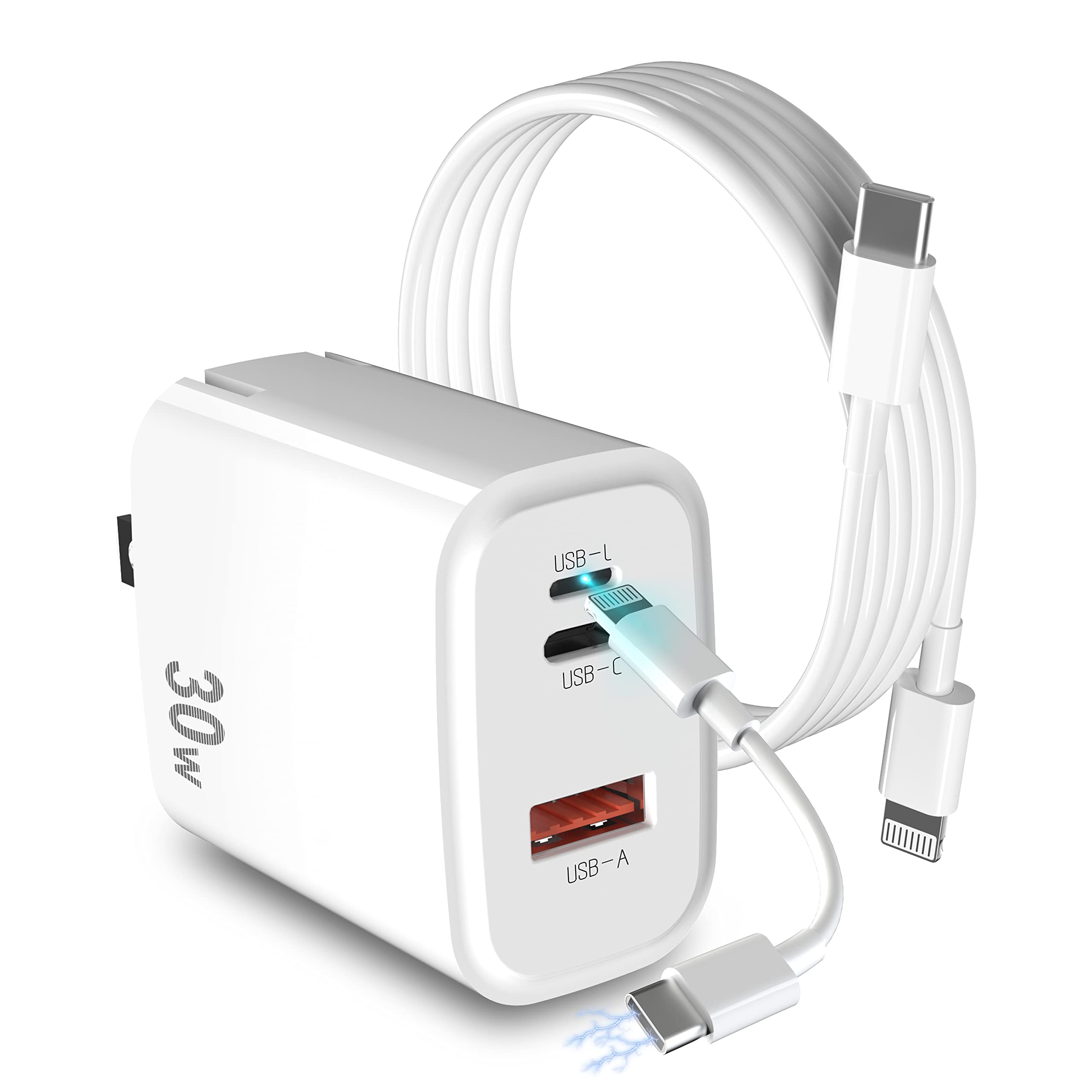 全新技術 Lightning 母口轉 USB Type-C 充電器 30W 三口，支援 iPhone 14/13/12 快速充電，超快 USB-C 充電器，相容於蘋果 iPhone、iPad Pro 和三星 Galaxy 等多種安卓設備