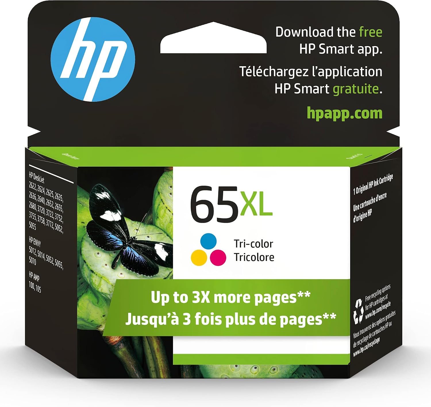 HP 65XL 三色高容量墨水匣 | 適用於 HP AMP 100 系列、HP DeskJet 2600、3700 系列、HP ENVY 5000 系列 | 支援 Instant Ink 服務 | N9K03AN