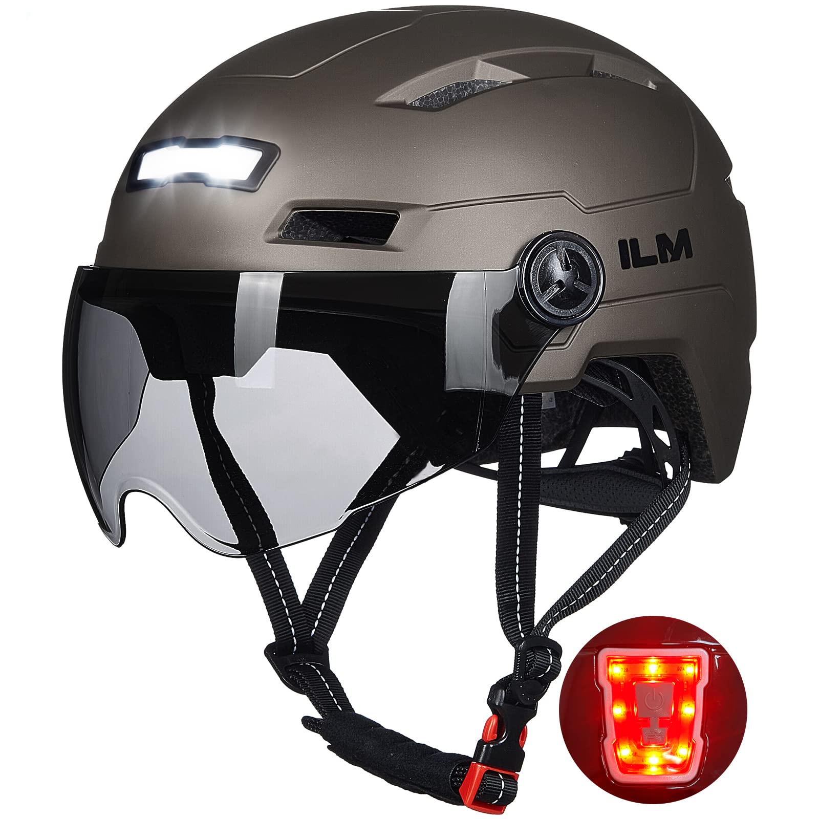 ILM 成人自行車頭盔，帶 USB 可充電 LED 前後燈，適用於山地車和公路自行車，男女通用，可拆卸護目鏡，通勤/城市騎行/滑板車頭盔（鈦色，大號/加大號）