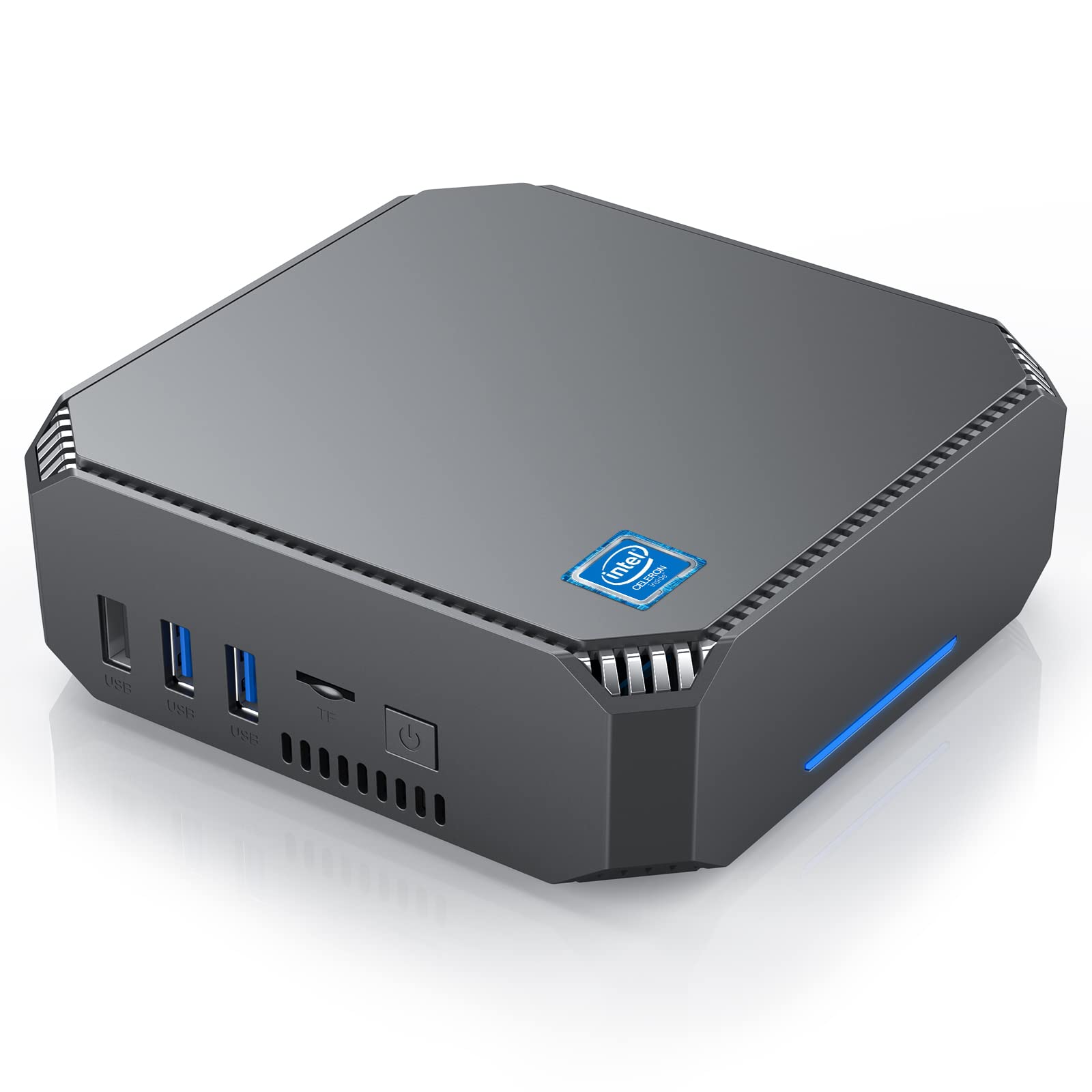 迷你電腦，Windows 10 專業版，8GB DDR3 內存，128GB 固態硬碟，英特爾賽揚 J3455 處理器（最高 2.3GHz），支援雙 4K 高清顯示器，千兆以太網，2.4G+5G 雙頻 WiFi，藍牙 4.2