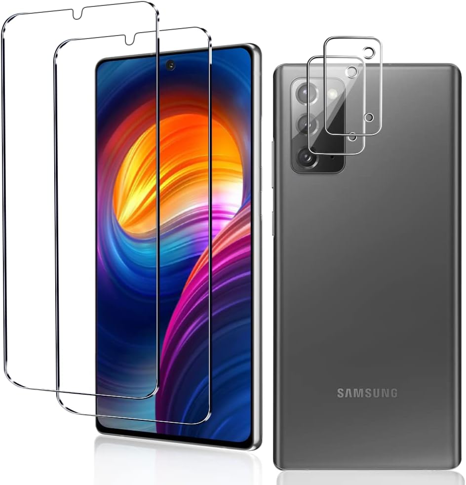 AFSKU [2+2 包] Note 20 強化玻璃螢幕保護貼，高清透明 9H 強化玻璃防刮花，支援指紋解鎖，無氣泡，適用於三星 Galaxy Note 20 鋼化玻璃螢幕相機保護膜（6.7 英寸