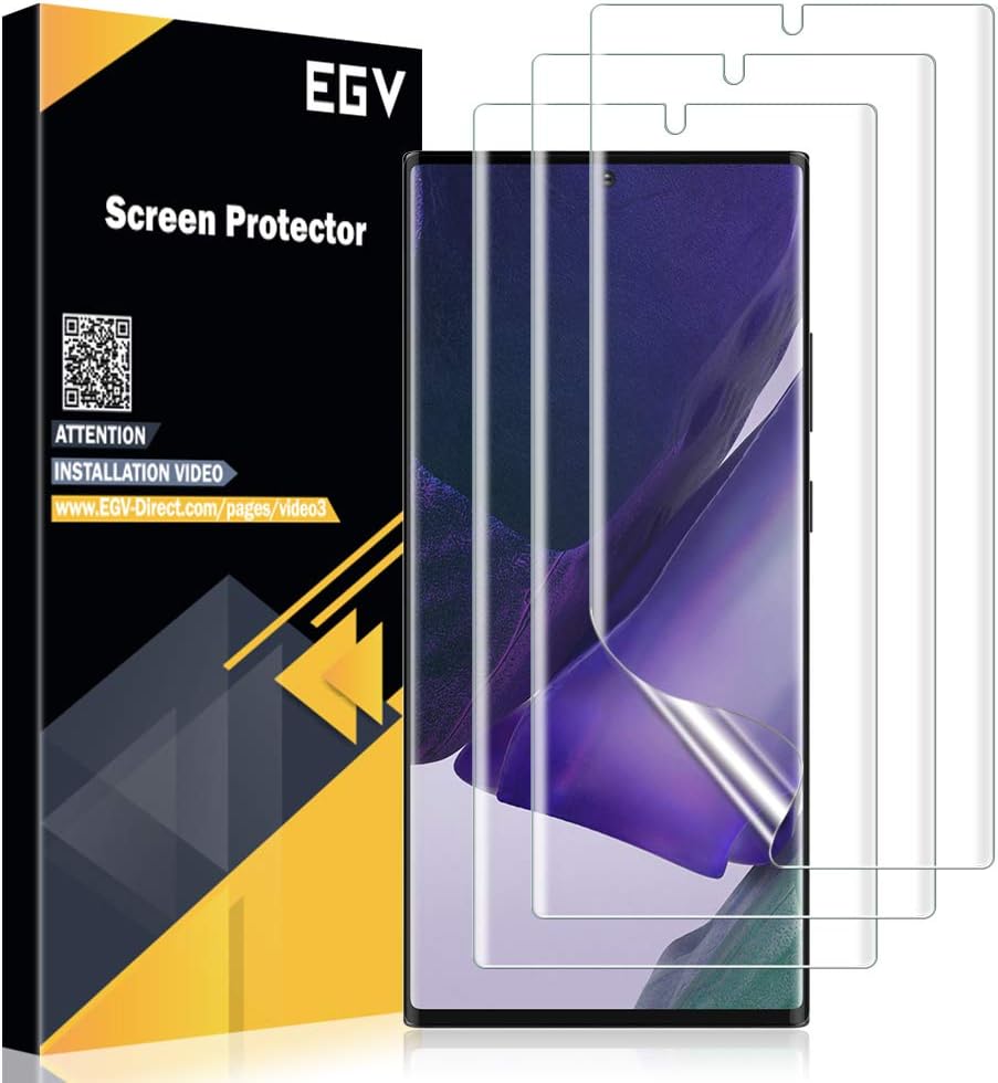 EGV 三片裝螢幕保護貼，相容於三星 Galaxy Note 20 Ultra 6.9 英寸，高清透明柔性膜，含定位工具，超音波指紋識別，無氣泡
