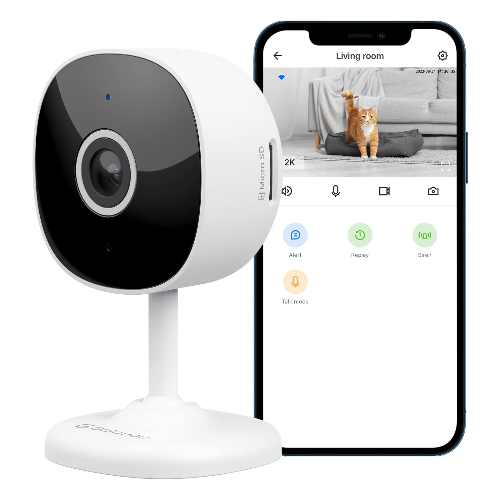 高樂牌室內家用安防攝像頭，2K分辨率，支援WiFi連接，可用於監控嬰兒/老人/寵物/狗，配備手機App，支援24/7 SD卡存儲，兼容Alexa和Google Home G7。