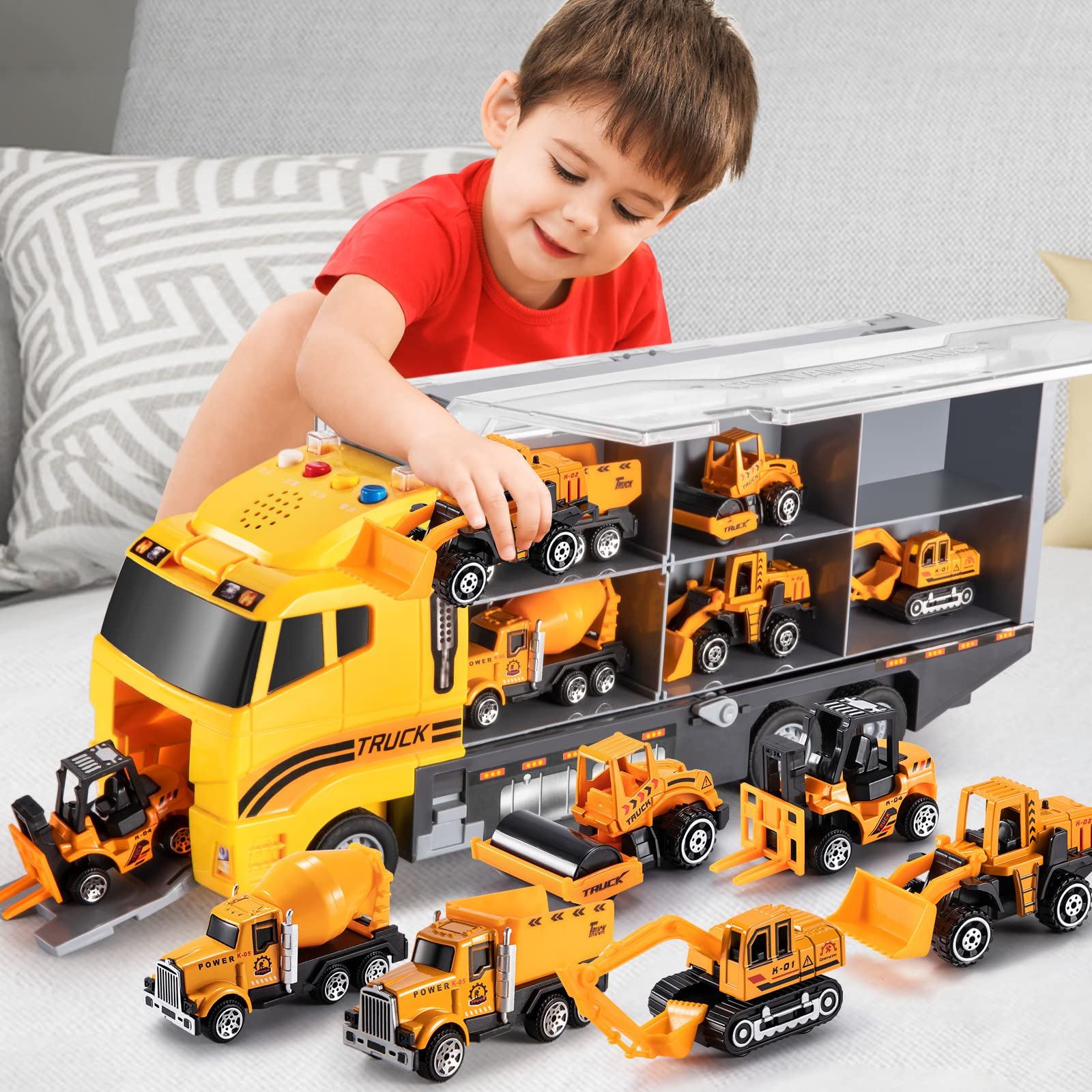 TEMI 幼兒玩具，適合 3-6 歲男孩，壓鑄工程玩具車運輸車玩具套裝，帶遊戲墊，兒童玩具卡車合金金屬汽車玩具套裝，適合 3-9 歲幼兒、男孩和女孩