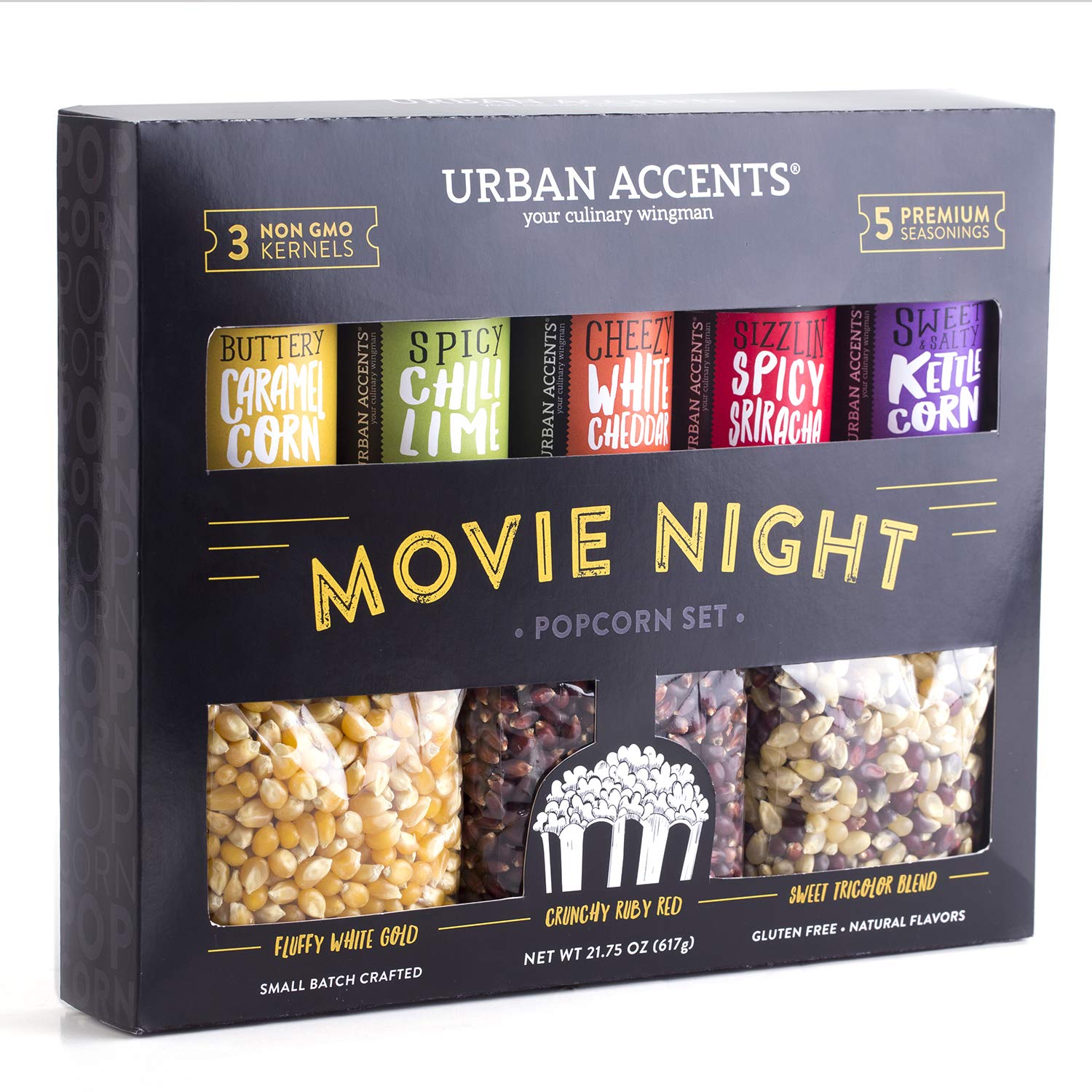 Urban Accents 電影之夜爆米花粒和爆米花調味料組合裝（8 件套） - 3 包非基因改造爆米花粒和 5 包美味爆米花調味料