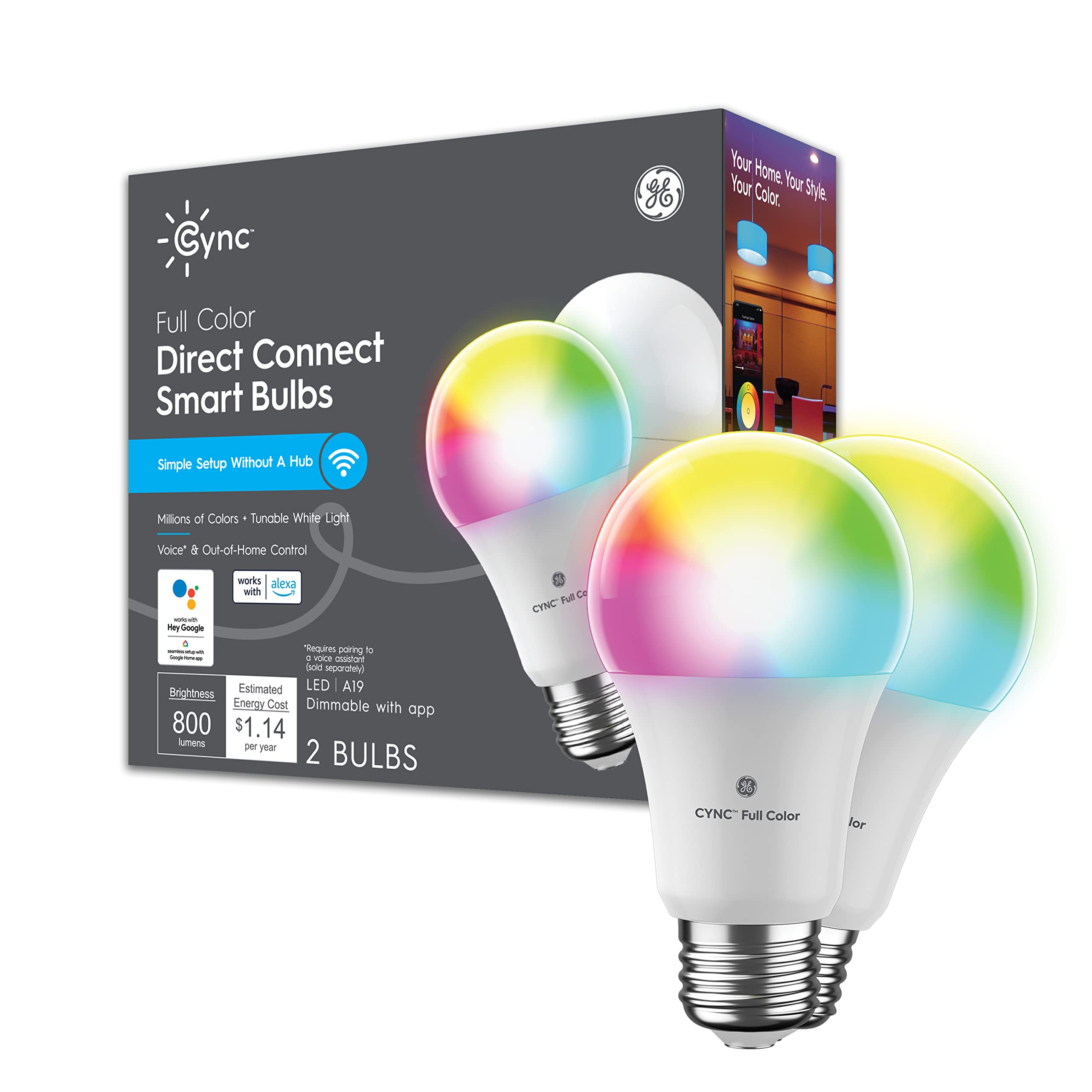 GE CYNC 智慧 LED 燈泡，變色燈，藍牙和 Wi-Fi 燈，相容於 Alexa 和 Google Home，A19 燈泡，2 個裝（1 包）
