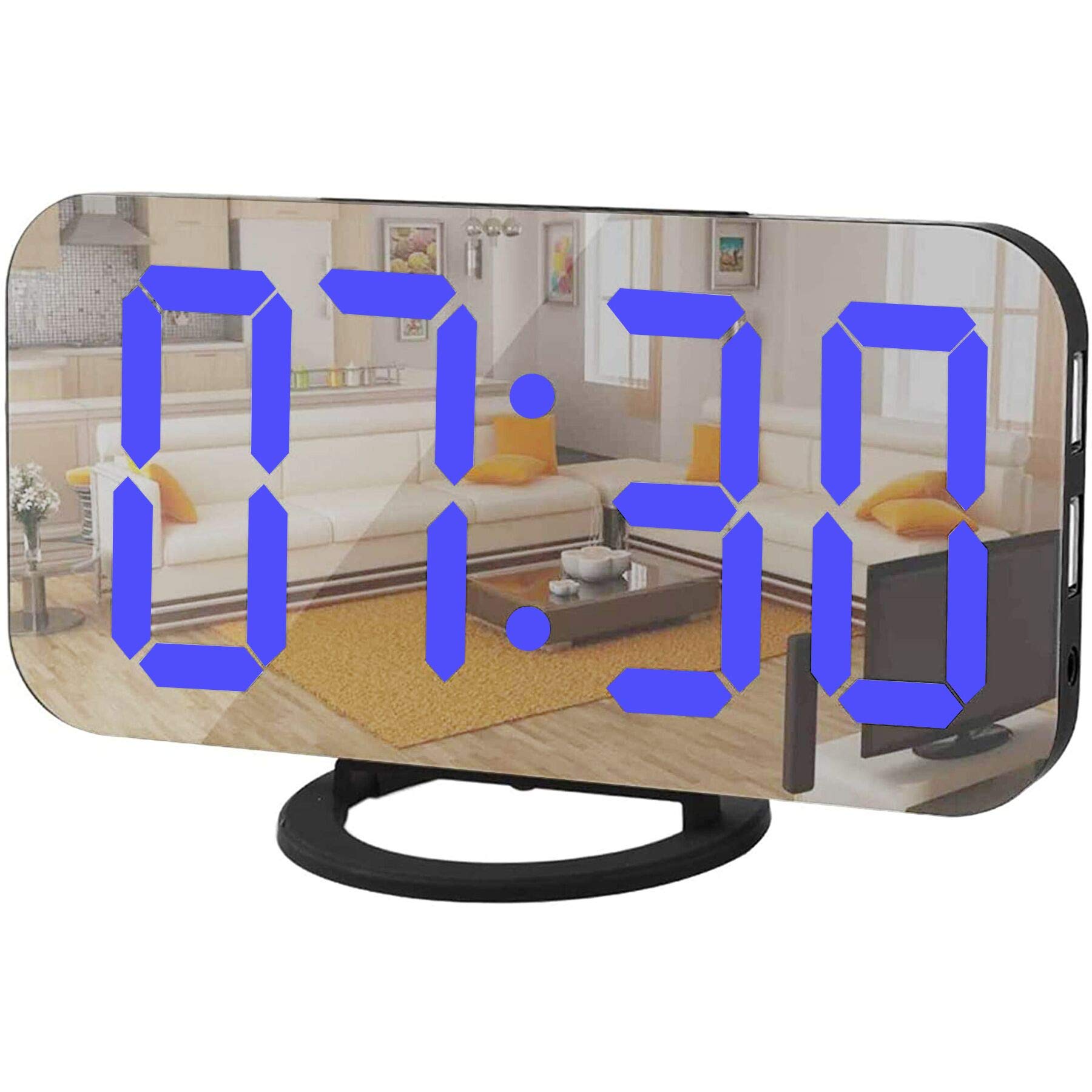 數位鬧鐘，鏡面LED電子鐘，附USB充電器，貪睡功能，自動/自訂亮度，適用於辦公桌臥室床頭櫃（黑藍色）