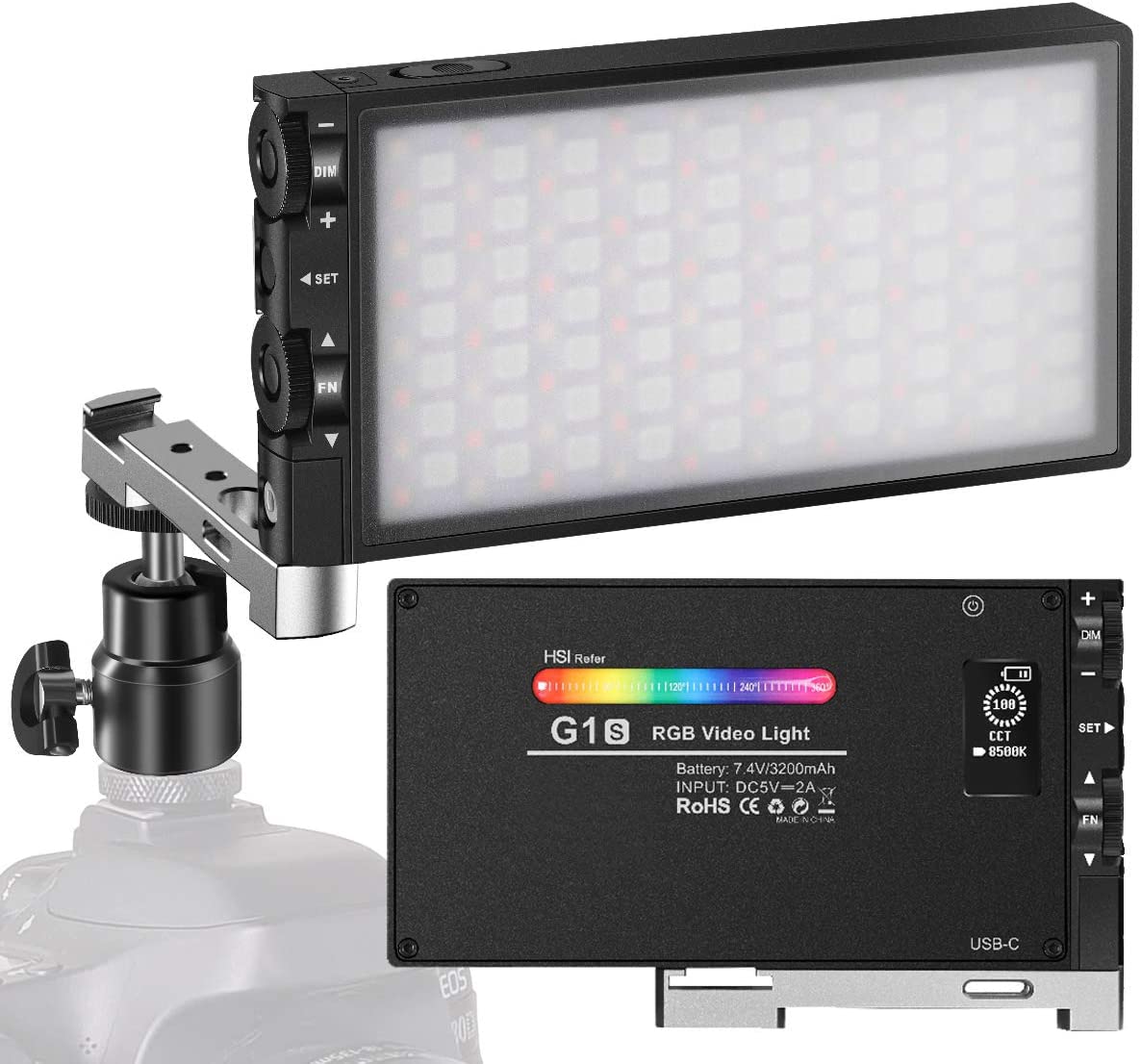 G1s RGB 攝影燈，內建 12W 充電電池，LED 相機燈，全彩 12 種常用燈光效果，顯色指數 ≥ 97，色溫 2500-8500K，鋁合金外殼