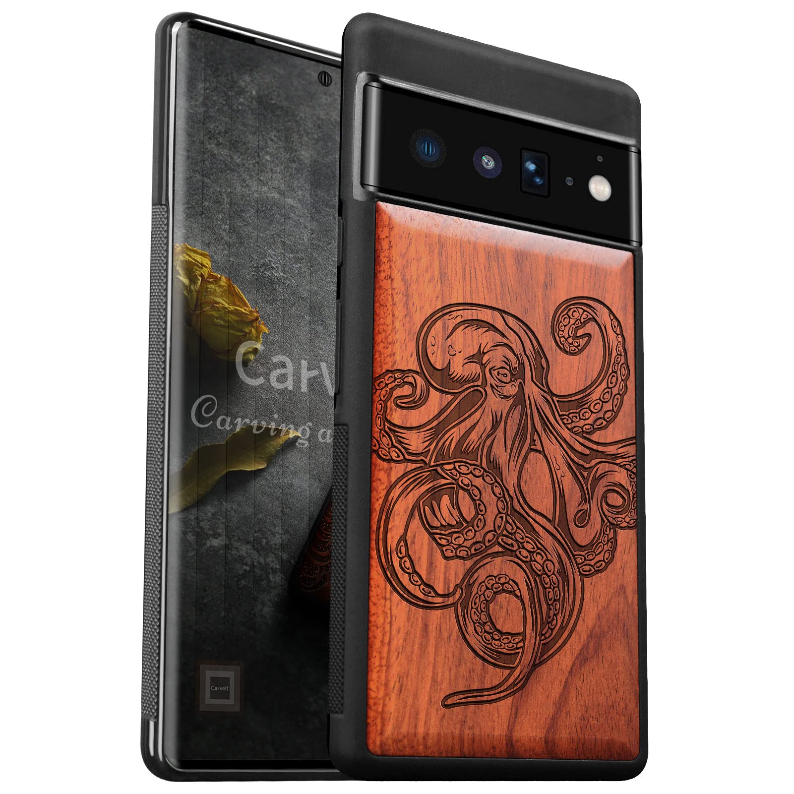 Carveit 適用於 Pixel 6 Pro 的木質手機殼（2021 年）[天然木材和黑色軟 TPU] 防震保護套 獨特木質手機殼 相容 Google Pixel 6 Pro（章魚圖案 - 紅木）