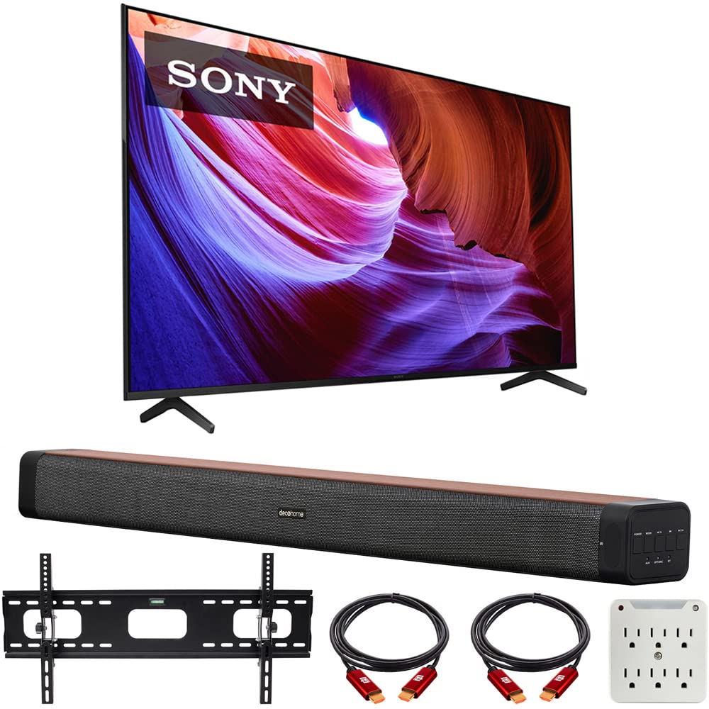 Sony KD65X85K 65 吋 X85K 4K HDR LED 電視，內建 Google TV 智慧電視功能（2022 年款），套裝包含 Deco Home 60W 2.0 聲道長條音箱、37 吋至 100 吋電視壁掛支架套裝以及 6 位元防浪湧轉接器
