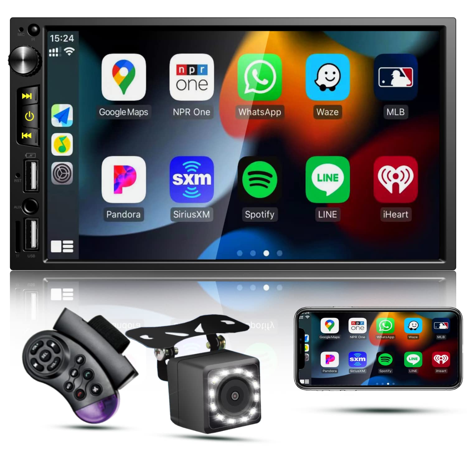 雙DIN車用音響，支援Apple CarPlay，7吋1024*600觸控屏，GPS導航，藍牙車用收音機，手機互聯，夜視倒車影像，藍牙免持通話，FM收音機，USB/TF卡槽