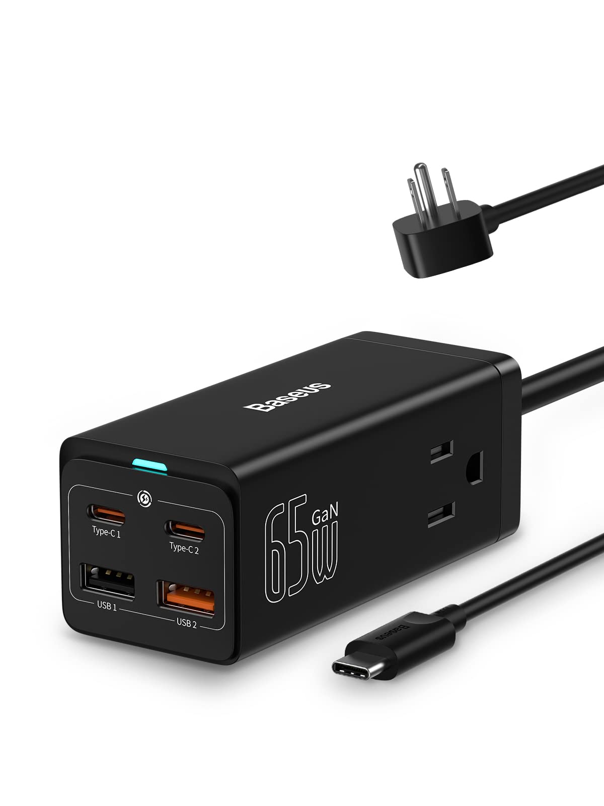 Baseus PowerCombo 65W USB-C 充電站，附 2 個輸出插座擴充器，支援快速充電，USB-C 牆式充電器，相容於 MacBook 筆記型電腦、iPhone、三星、iPad（含 100W Type-C 線）