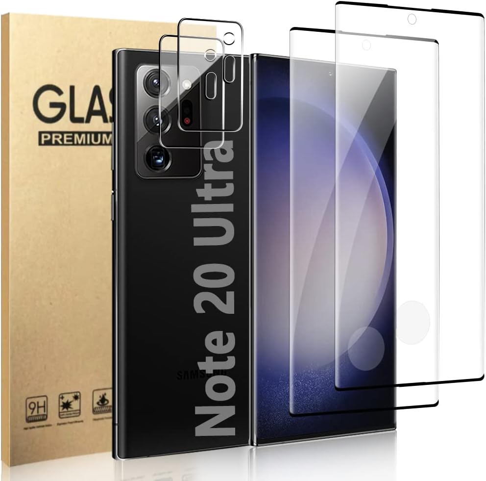 【2+2 片裝】三星 Galaxy Note 20 Ultra 鋼化玻璃螢幕保護貼，帶相機保護膜，高清 3D 曲面，9H 硬度，支援指紋解鎖，適用於三星 Galaxy Note 20 Ultra 5G 6.9 英寸