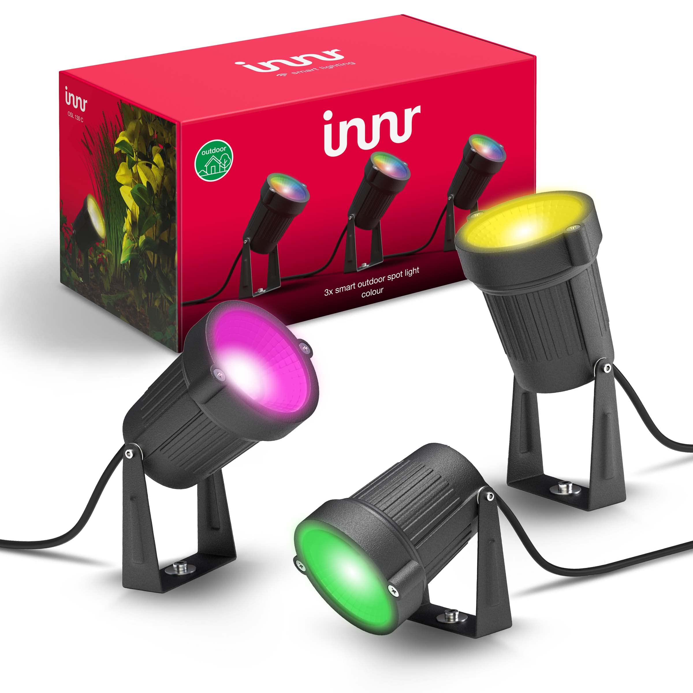 innr 智慧戶外燈，彩色聚光燈，相容於飛利浦 Hue、Alexa、Hey Google、SmartThings（需搭配 Hub）、Zigbee，LED 戶外燈，3 件裝，含電源轉接器和 RGBW 控制盒，OSL 130℃