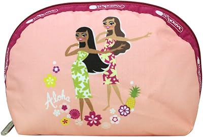 Hula Duo 夏威夷獨家款中型圓頂化妝包/收納袋，款式 8170/顏色 K875，正面/背面印有色彩繽紛的草裙舞女孩、Aloha 和 Hawaii 字樣，以及菠蘿、鮮花等熱帶風情圖案，收藏款。