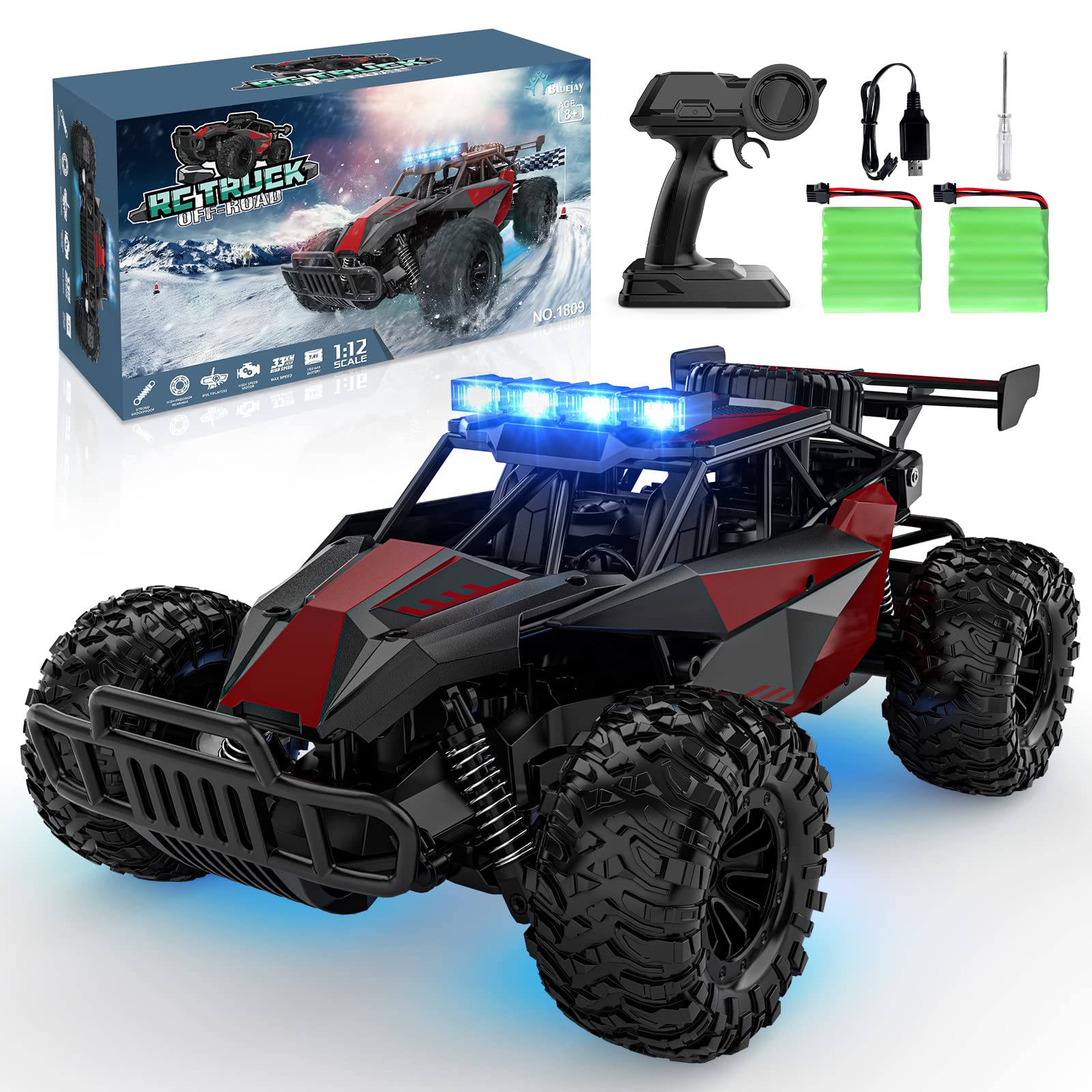 BLUEJAY遙控器車 - 2.4GHz高速33公里/小時遙控車玩具，1:12遙控怪獸卡車越野模型，帶LED大燈和可充電電池，適合成人、8-12歲男孩和兒童。