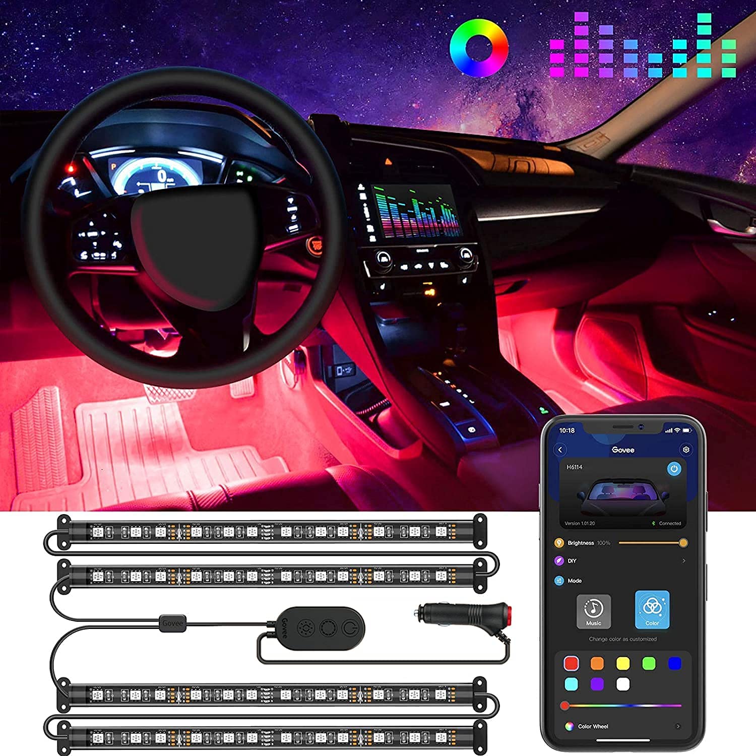 Govee車載LED燈，智慧車內氛圍燈，支援App控制，RGB車內氣氛燈，附DIY模式與音樂模式，雙線設計LED車內氣氛燈，含車用充電器，DC 12V