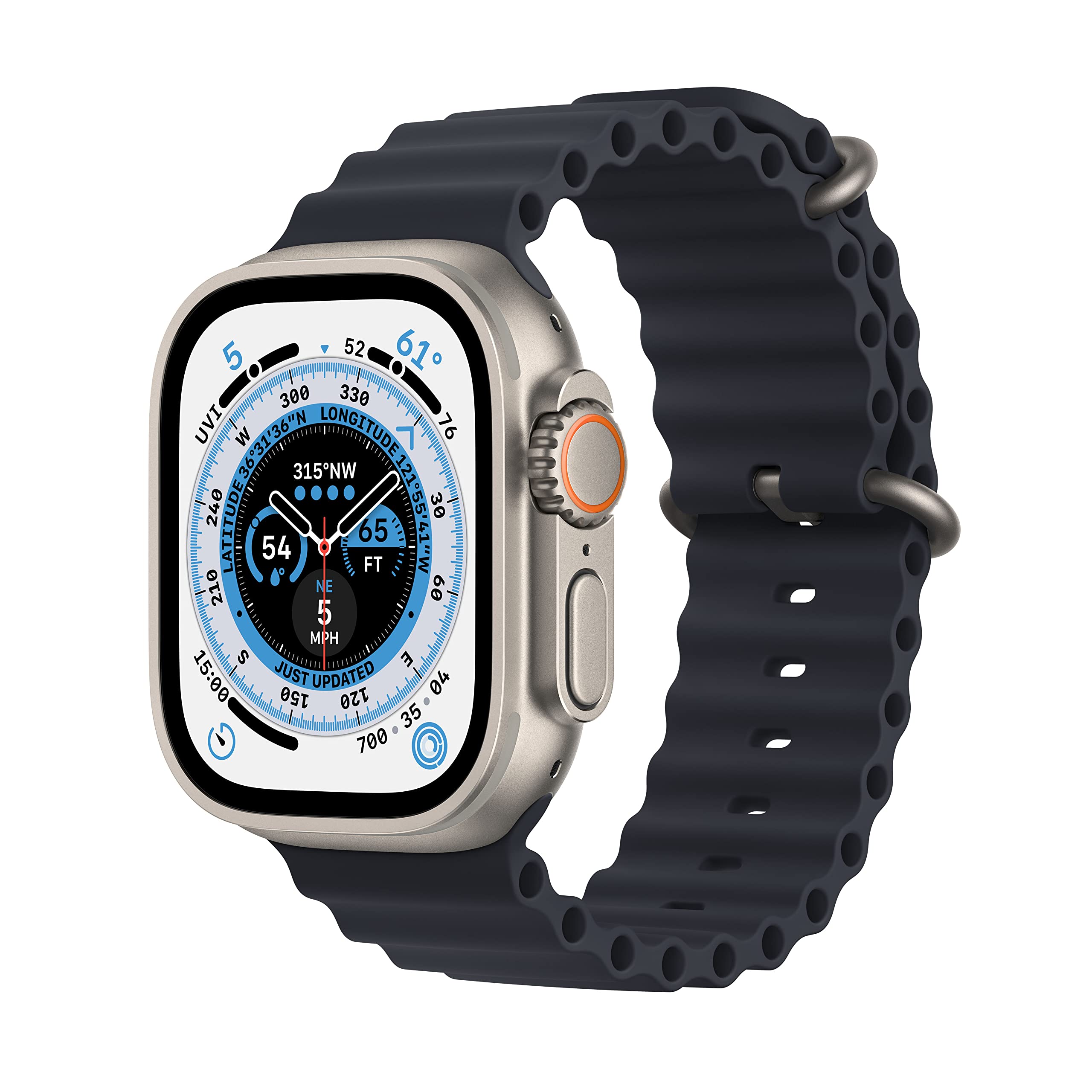Apple Watch Ultra [GPS + 蜂窩網路 49 毫米] 智慧手錶，採用堅固的鈦金屬錶殼和午夜藍錶帶。具備健身追蹤、精準 GPS、操作按鈕、超長電池續航力和更明亮的 Retina 顯示器。