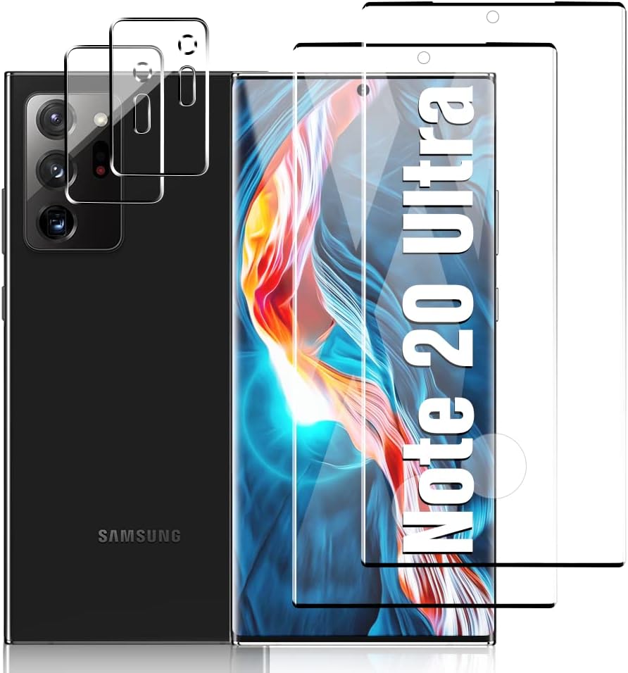 【2+2 片裝】三星 Galaxy Note 20 Ultra 螢幕鏡頭相機保護膜，3D 高清曲面，9H 強化玻璃防刮，支援超音波指紋識別，適用於三星 Galaxy Note 20 Ultra 玻璃螢幕保護貼