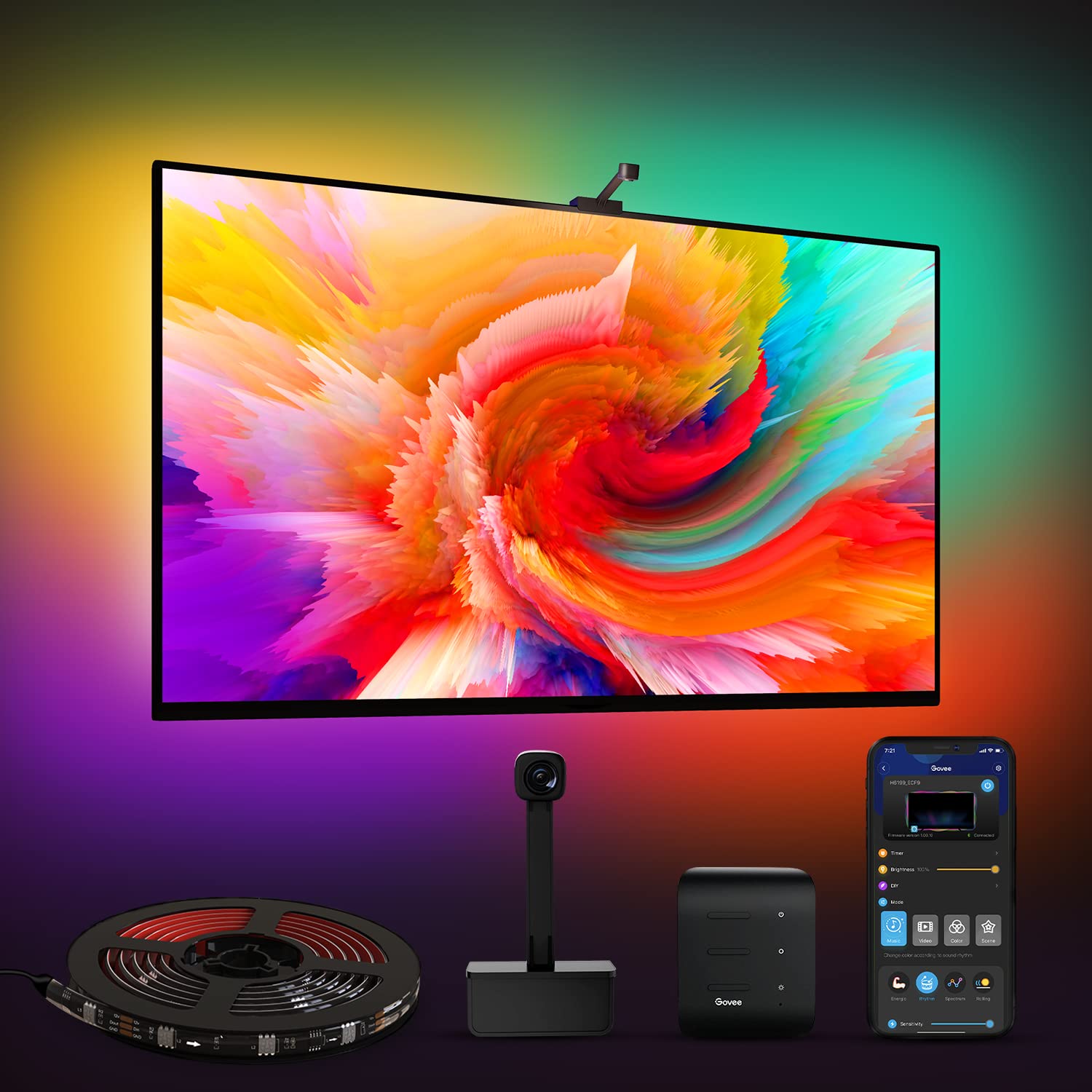 Govee Envisual 電視 LED 背光燈，適用於 75-85 吋電視，16.4 英尺 RGBIC WiFi DreamView T1 電視背光燈帶攝像頭，相容於 Alexa 和 Google Assistant，支援 App 控制，LED 電視燈，場景模式，H6199