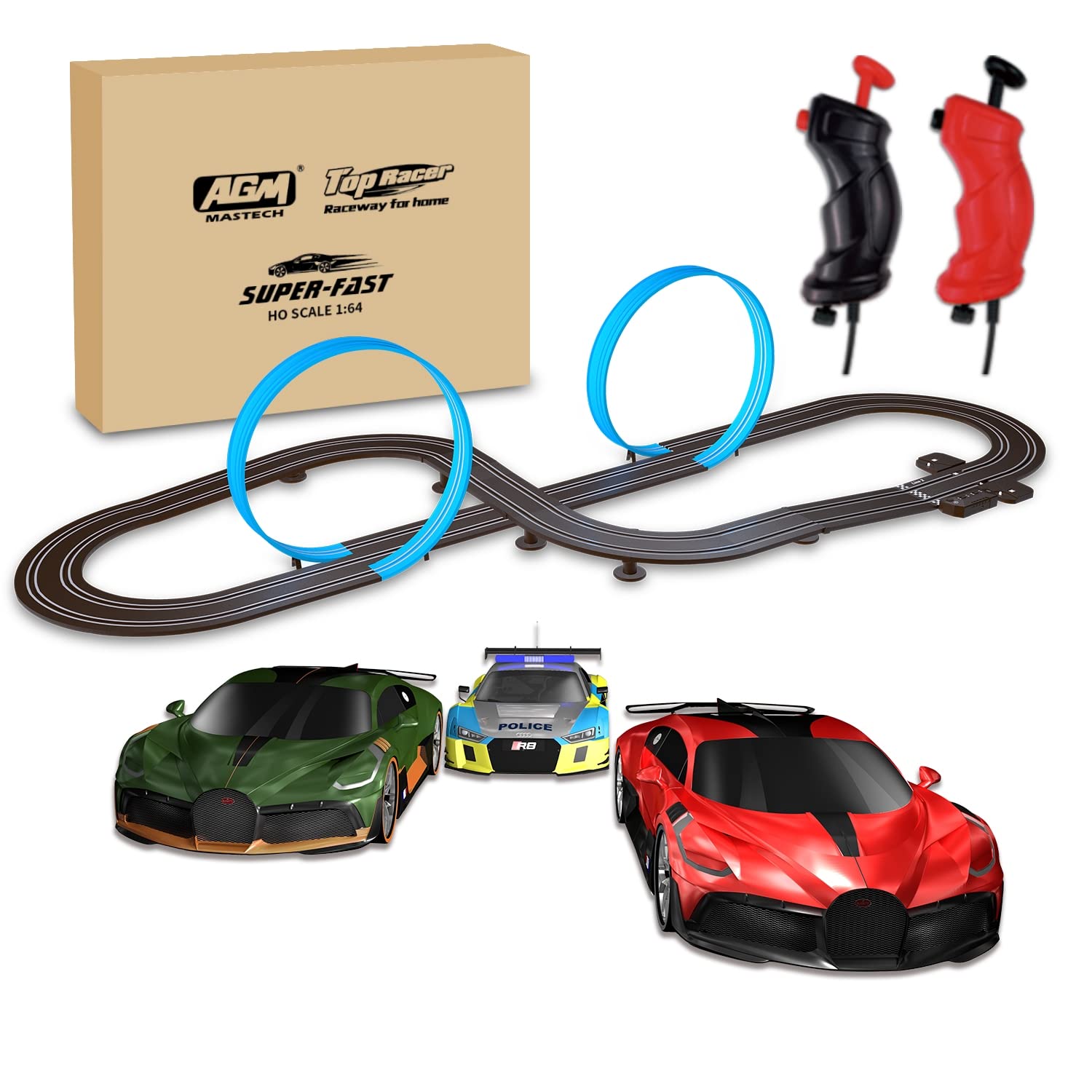 AGM MASETCH 高速系列軌道賽車雙賽道套裝 MR-09L 1:64 比例，含 3 輛賽車和圈數計數器。